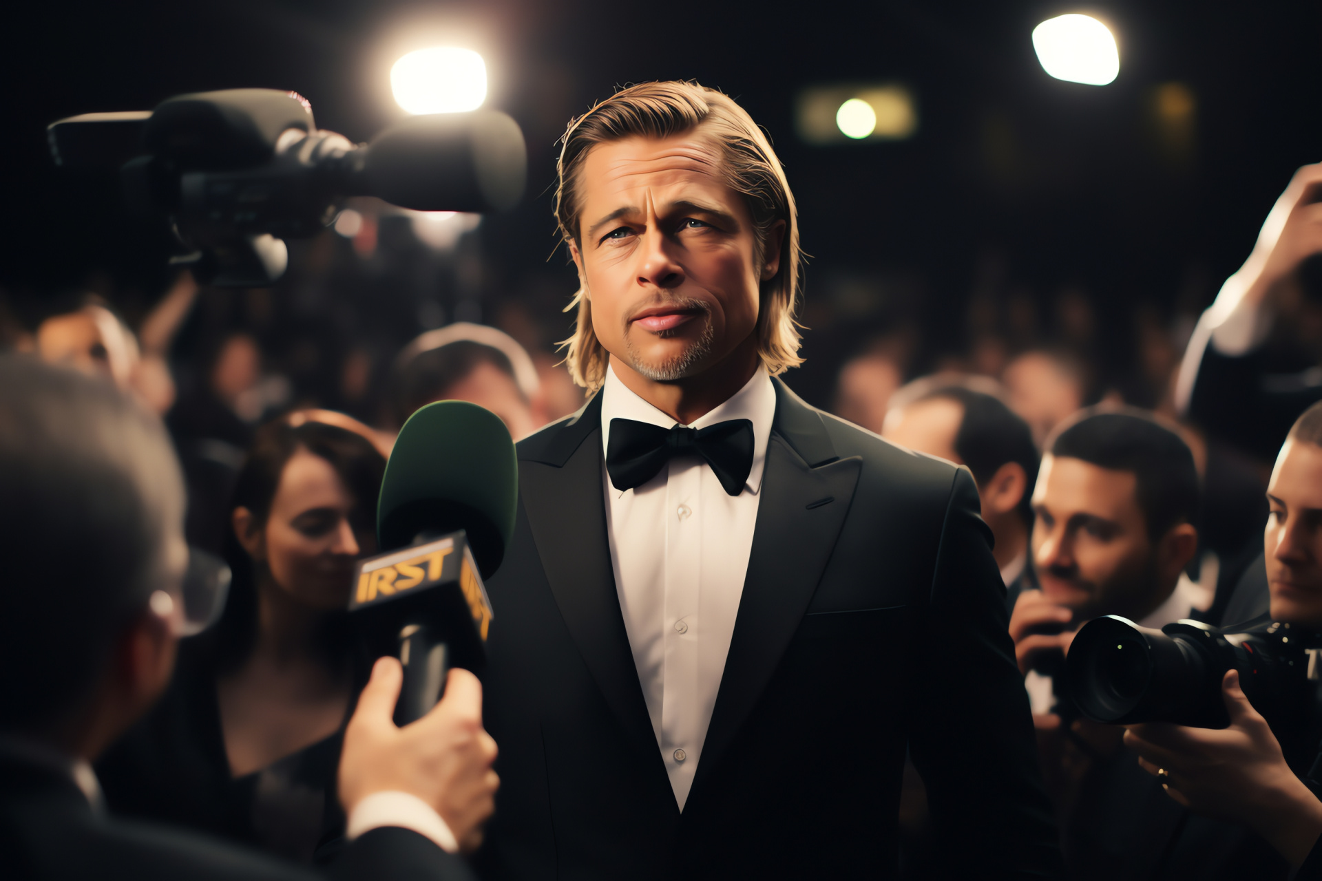 Brad Pitt event appearance, Elegant attire, Renowned actor, Expressive gaze, Press event, HD Desktop Wallpaper
