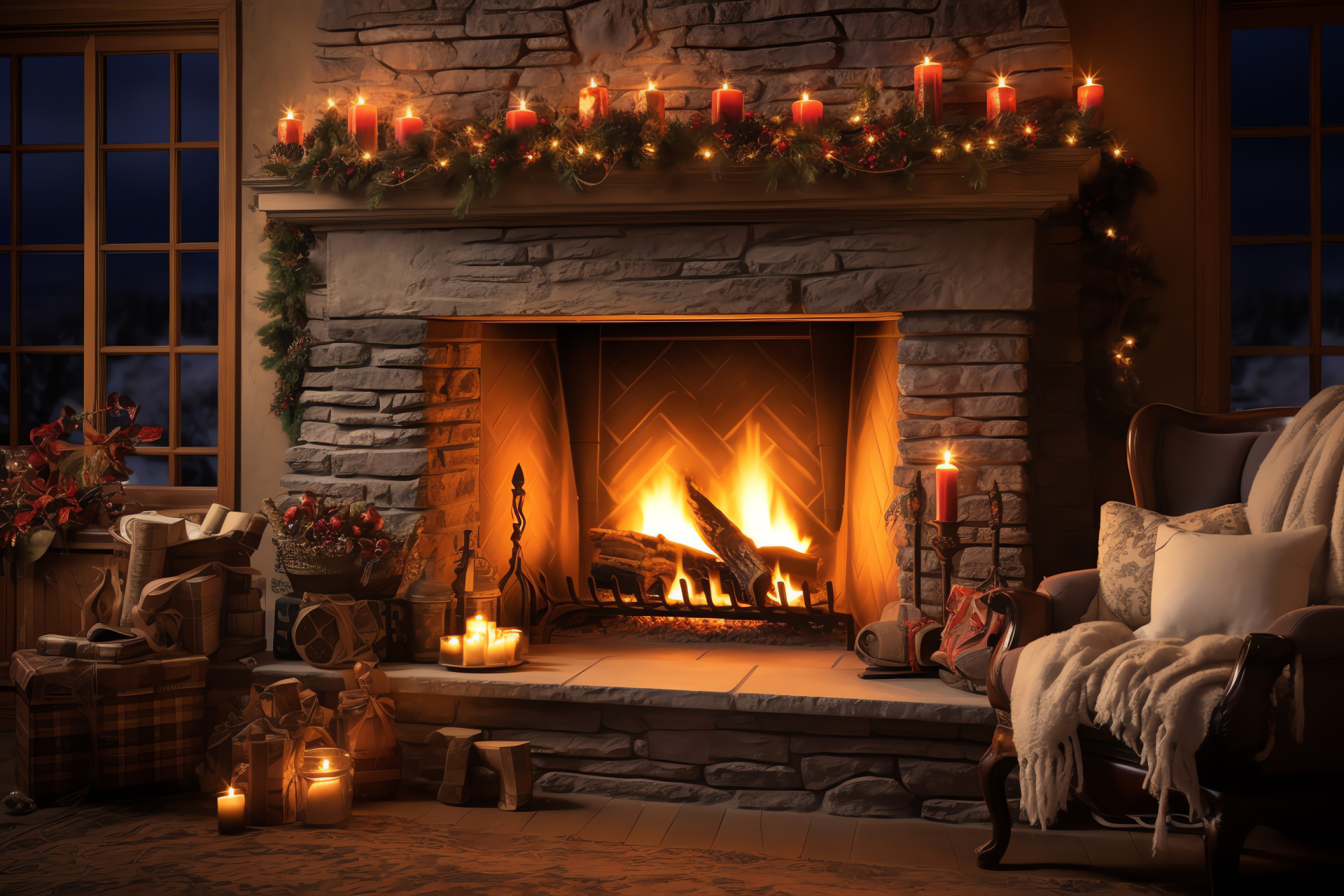 Hearthside stockings, Resplendent fireplace, Glowing tapers, Hearth blaze, Intimate luminescence, HD Desktop Image