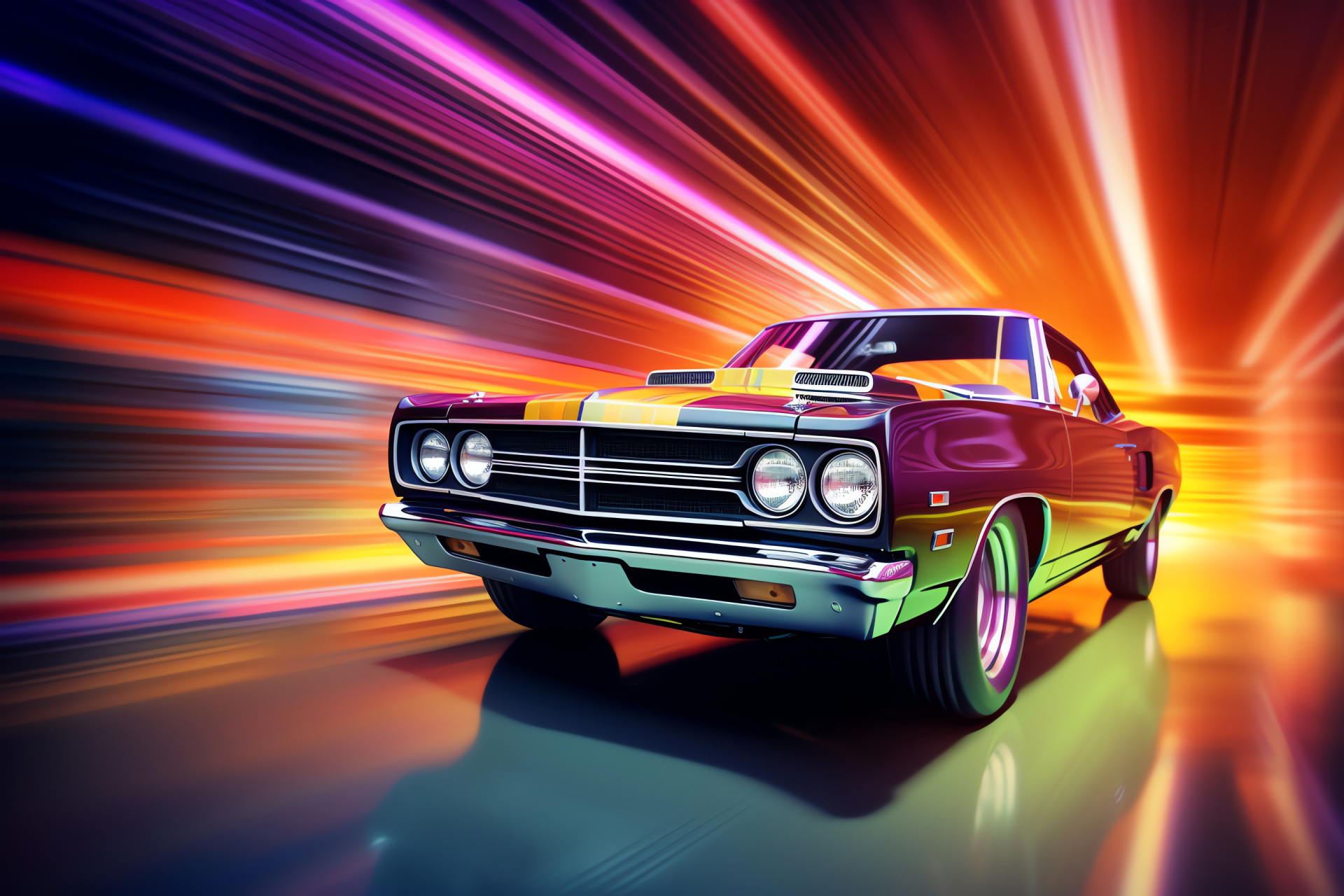 Muscle vehicle full frame, Energetic ambiance, Luminous streaks, Colorful vehicle depiction, Motor fan interest, HD Desktop Image