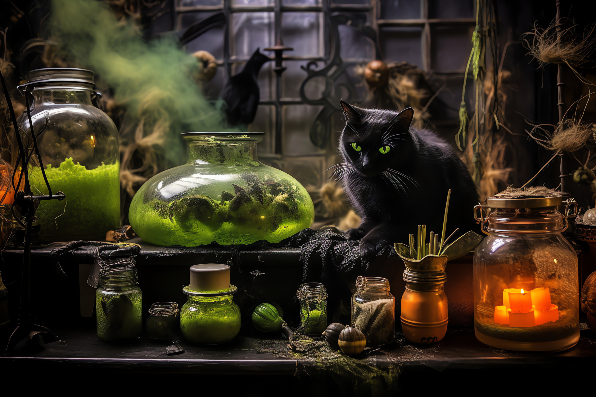 Halloween season, Witchcraft, Brewing cauldron, Eerie green elixir, Mysterious vapors, HD Desktop Wallpaper