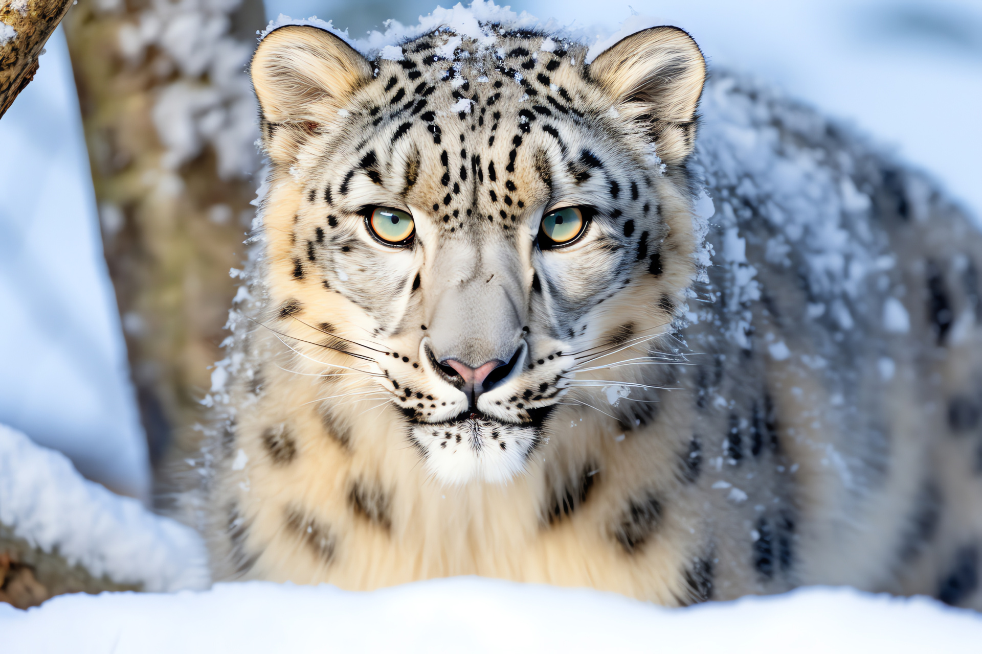 Elusive feline, striking blue irises, snow-bound camouflage, Himalayan fauna, spotted pelage, HD Desktop Image