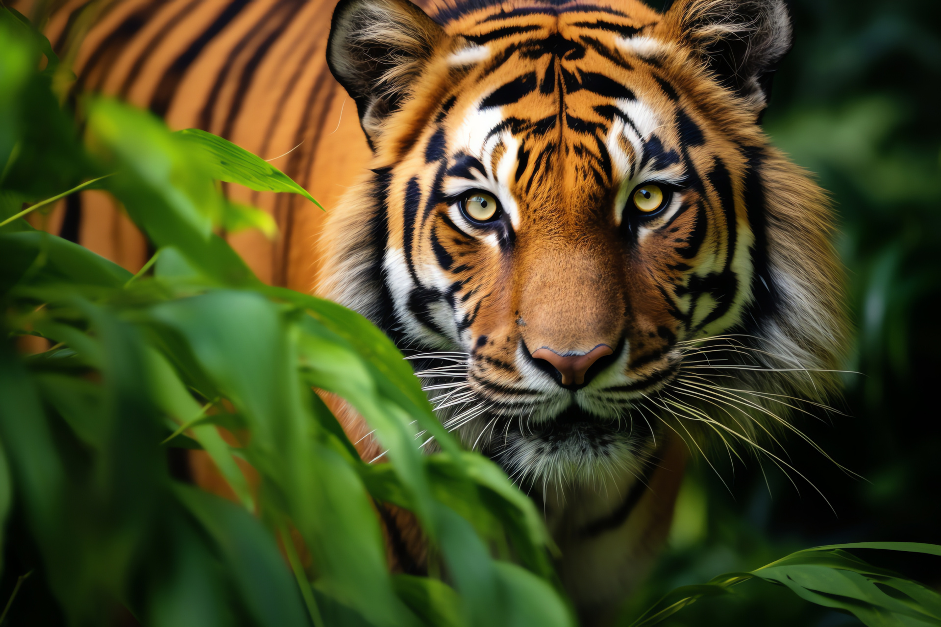 Exotic tiger embodiment, holiday wildcat, striped orange fur, stealthy jungle inhabitant, natural predator, HD Desktop Image