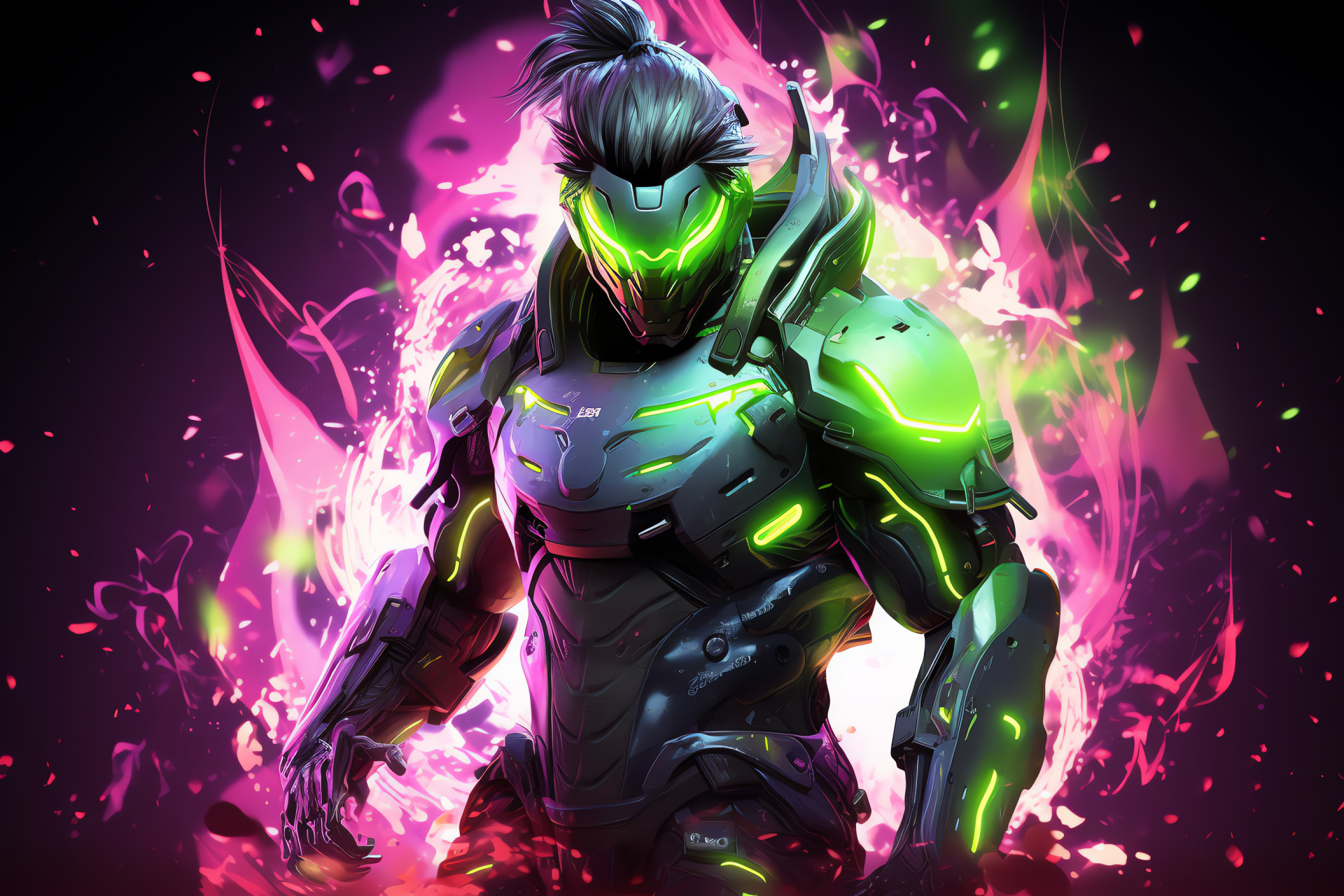 Genji's cyber suit, Bright neon accents, Ninja hero shurikens, Three-tone color scheme, Overwatch heroic stance, HD Desktop Image