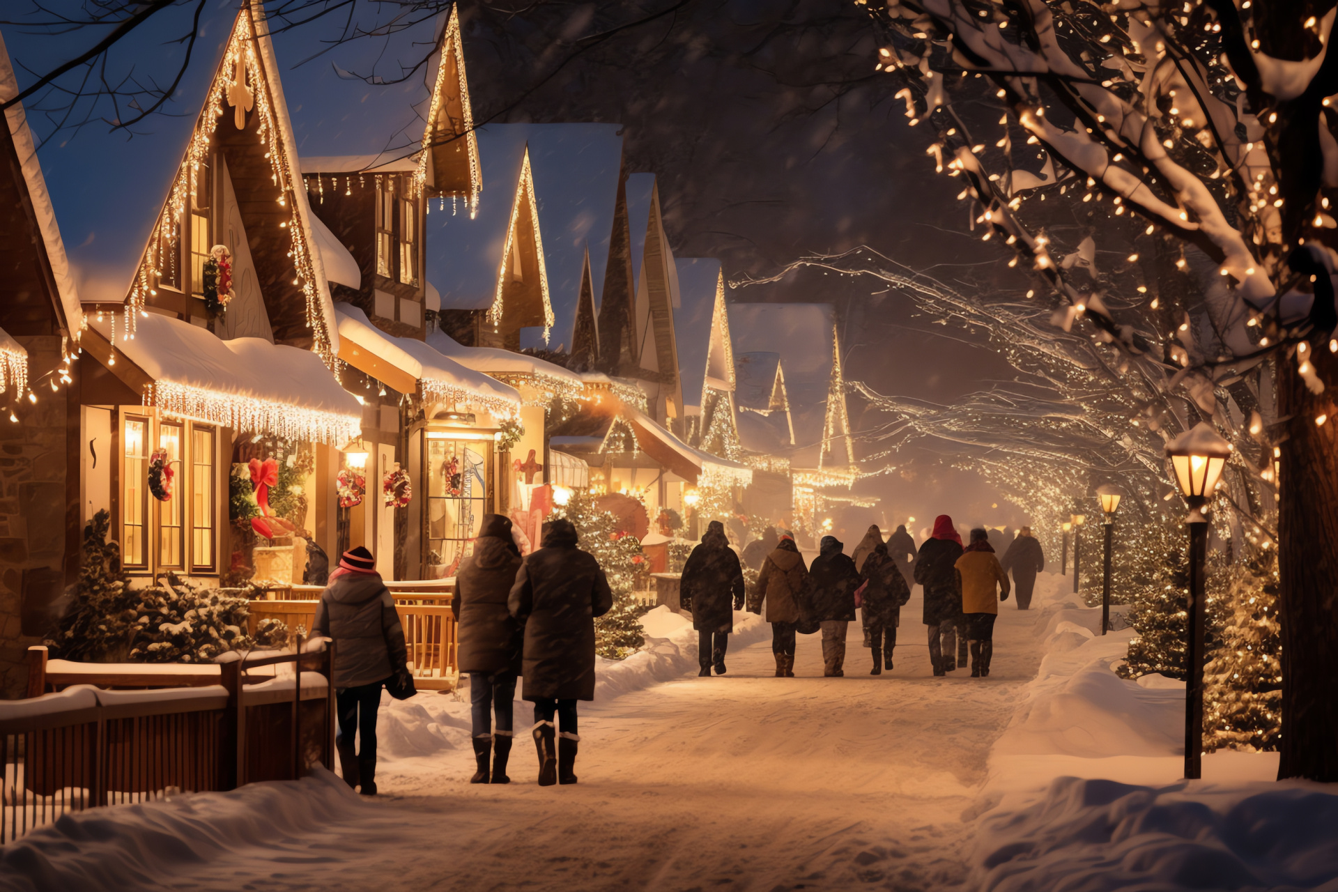 Charming festival of lights, Seasonal village parade, Christmas float delights, Sparkling nocturnal event, Winter snowfall scenery, HD Desktop Image