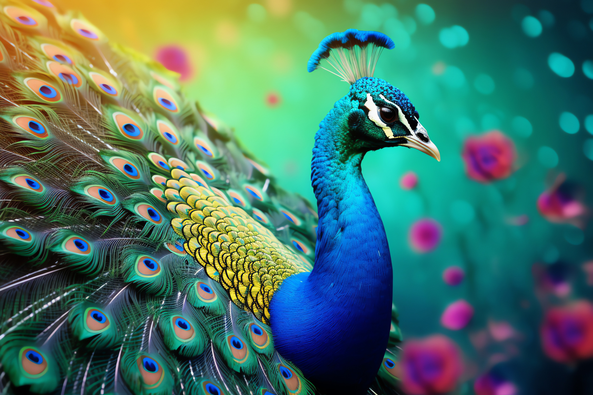 Peacock display, Courtship fanfare, Ornate plumage, Nature's spectacle, Bird grandeur, HD Desktop Wallpaper