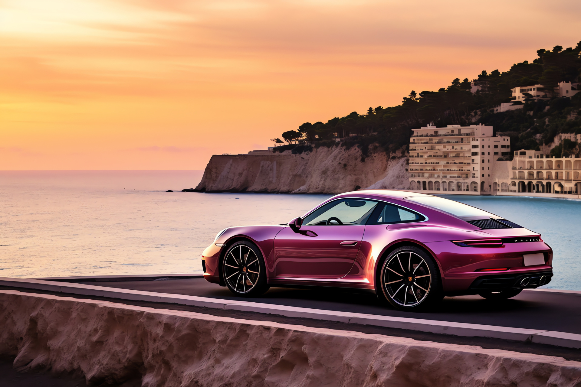 Pink auto, glamorous French Riviera, stylish Porsche 911 Carrera S, serpentine coastal routes, azure Mediterranean waters, HD Desktop Wallpaper