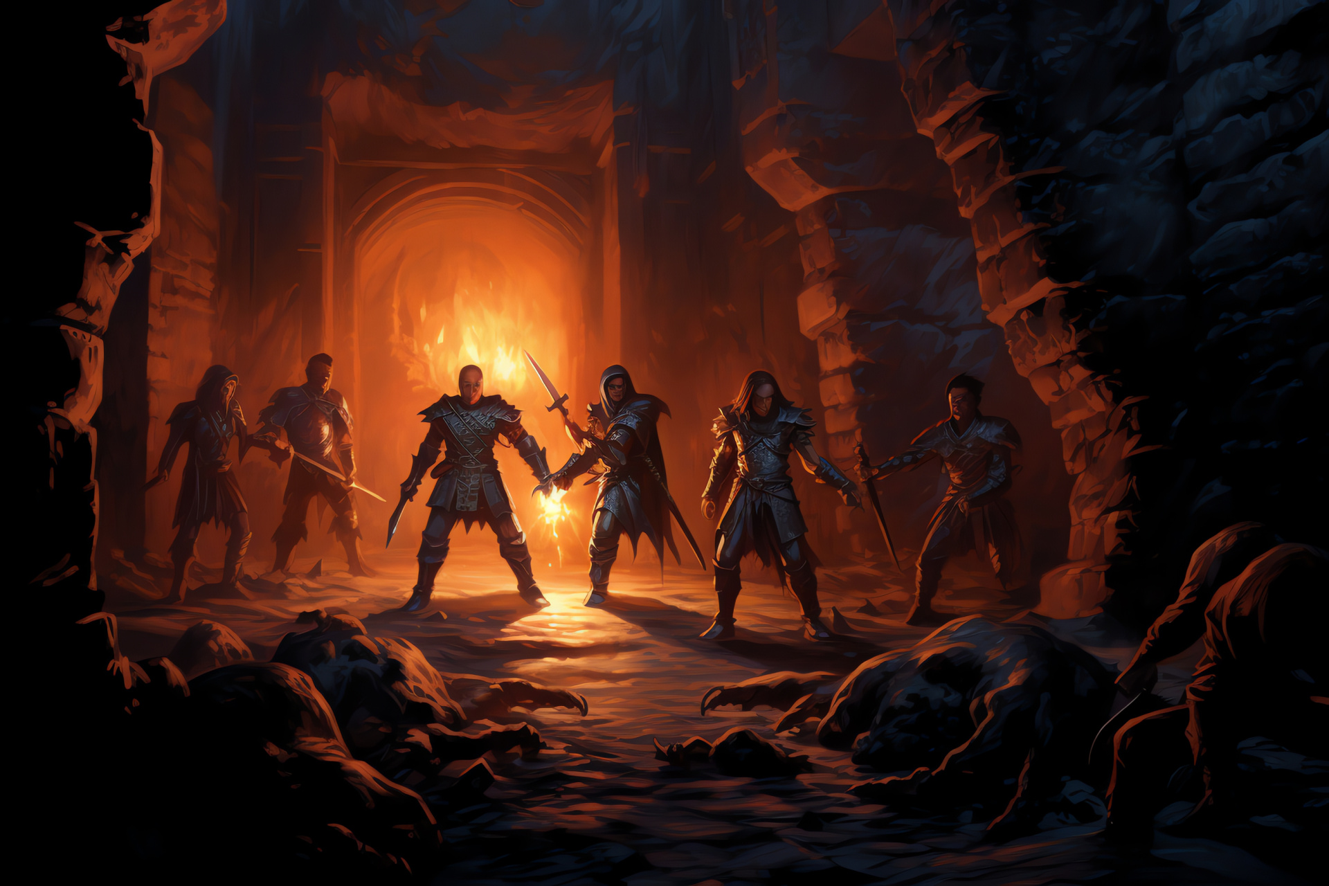 Neverwinter Nights journey, role-play gaming, hero group, subterranean corridor, light-bearing brands, HD Desktop Image