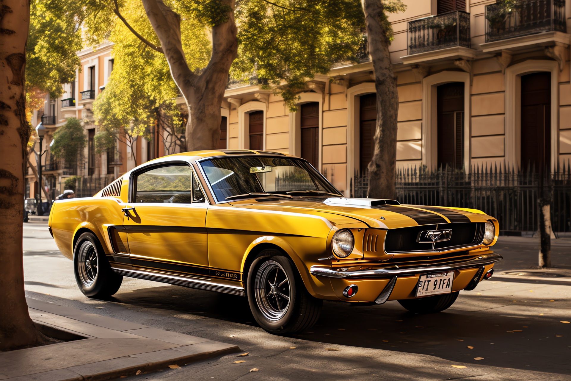 Barcelona Mustang GT350, Spain's fashion avenue, Passeig de Gracia roadways, Chic car style, Advanced auto engineering, HD Desktop Image