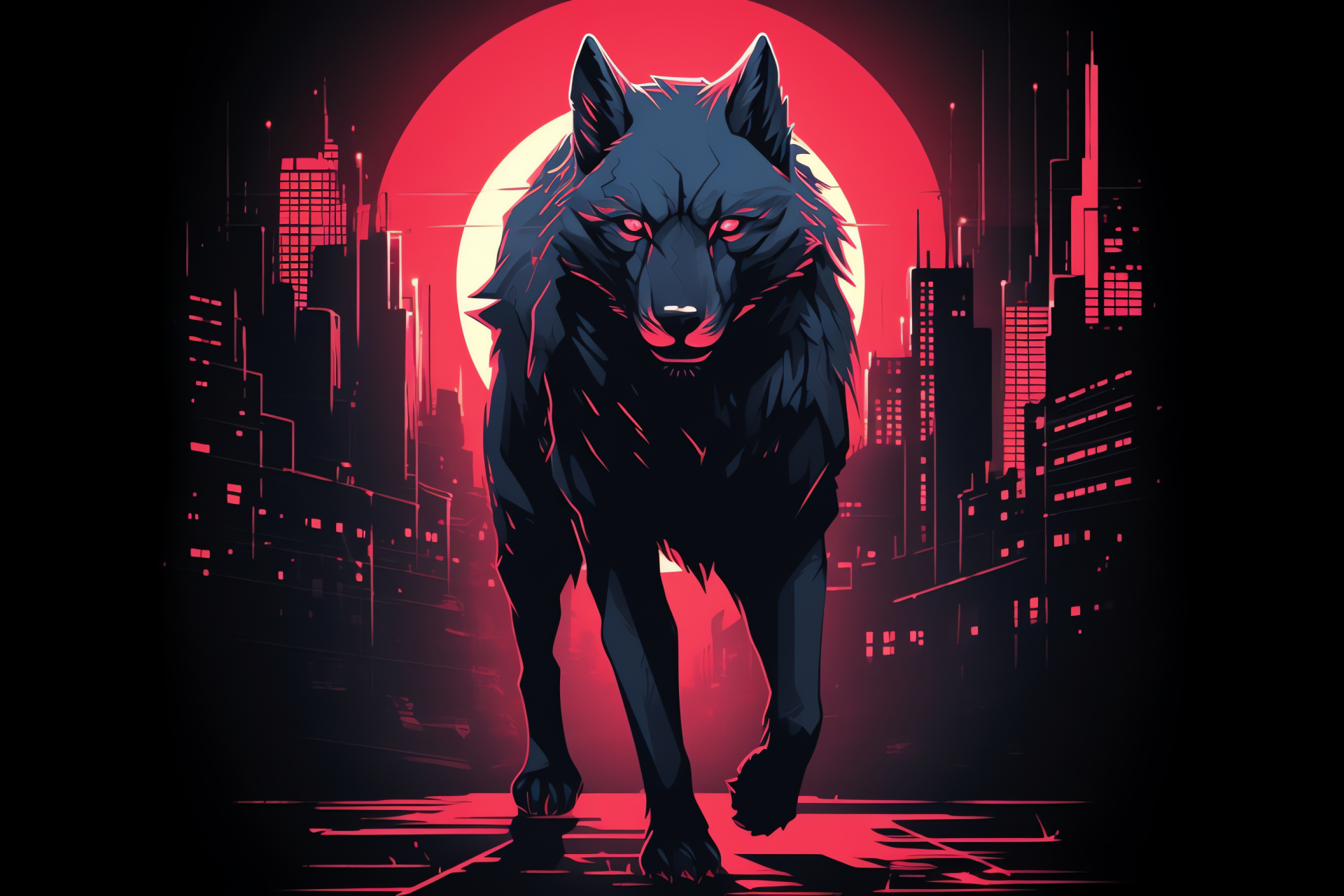 Nocturnal Wolf, crimson irises, ebony predator, glossy coat texture, metropolitan neon environment, HD Desktop Image