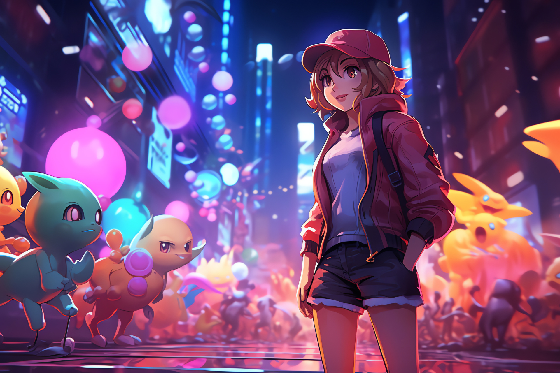 Neon-lit cityscape, Pokemon Misty portrayal, Bustling street corner, Vibrant Pokeball accessory, Urban gaming, HD Desktop Image