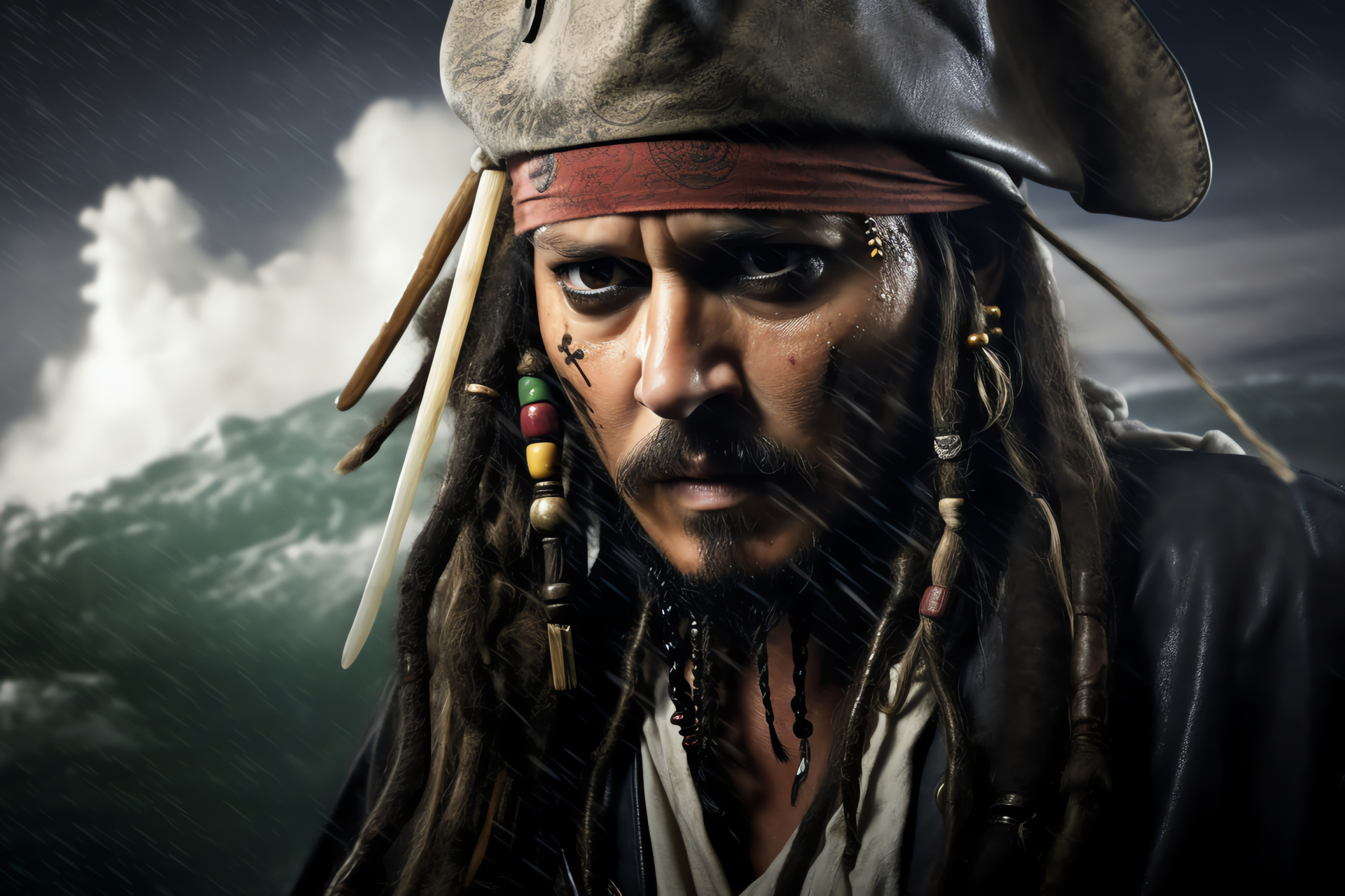 Pirates of Caribbean film, ocean tempest, Sparrow cap, shipmates, churning waves, HD Desktop Wallpaper