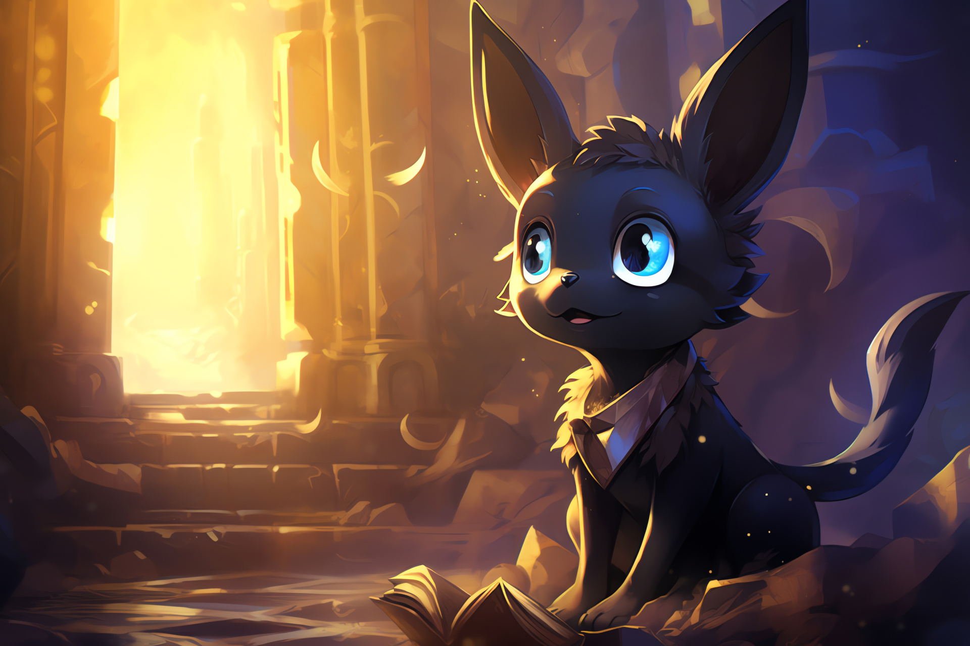 Mystical Guardian Umbreon, Ruins Background, Sleek Nocturnal Coat, Indigo Eyed Stare, Enigmatic Creature, HD Desktop Wallpaper