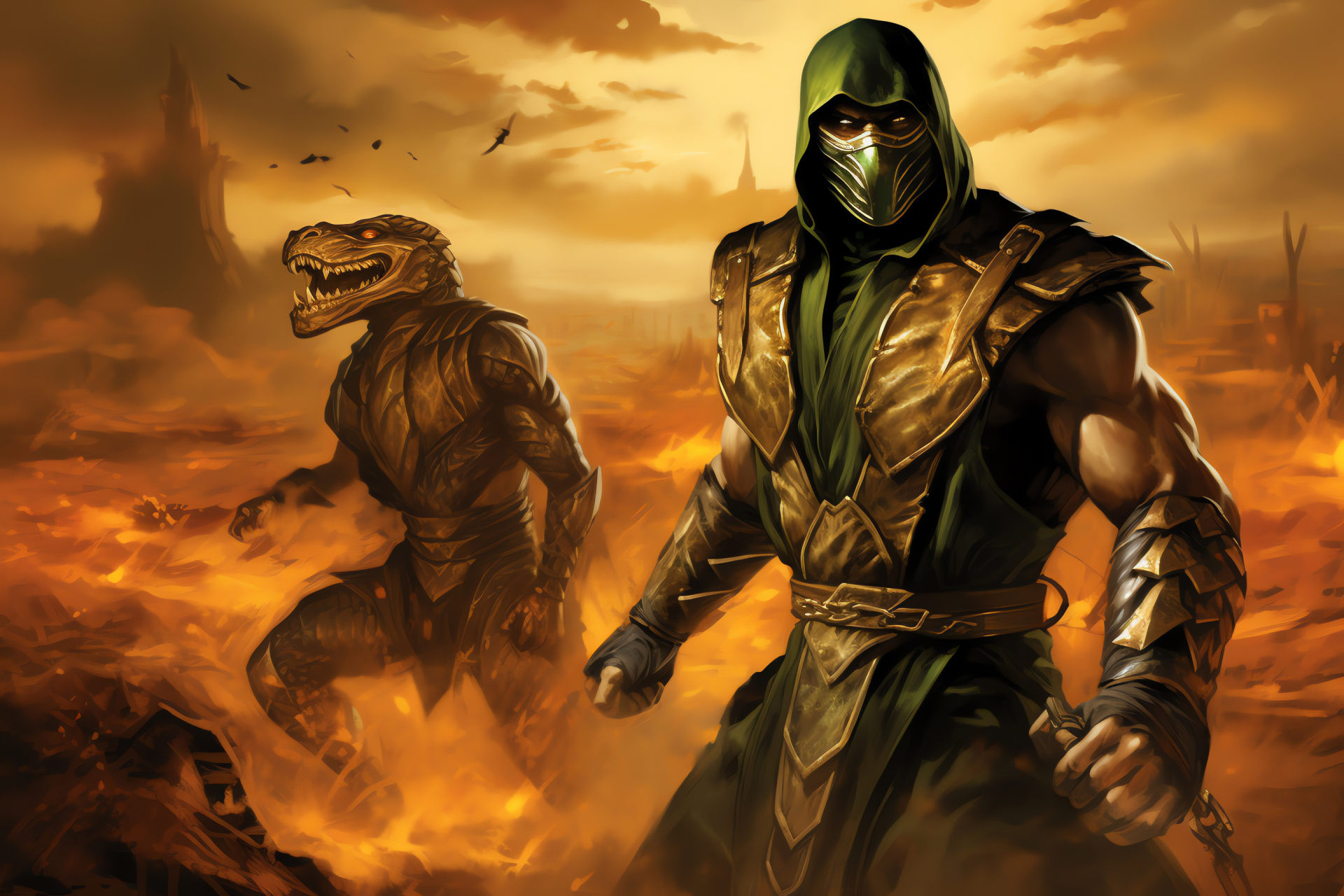 Combatant from Mortal Kombat, Reptile in Chaosrealm, Saurian gladiator, Ally of Havik, Warped realm scenery, HD Desktop Wallpaper