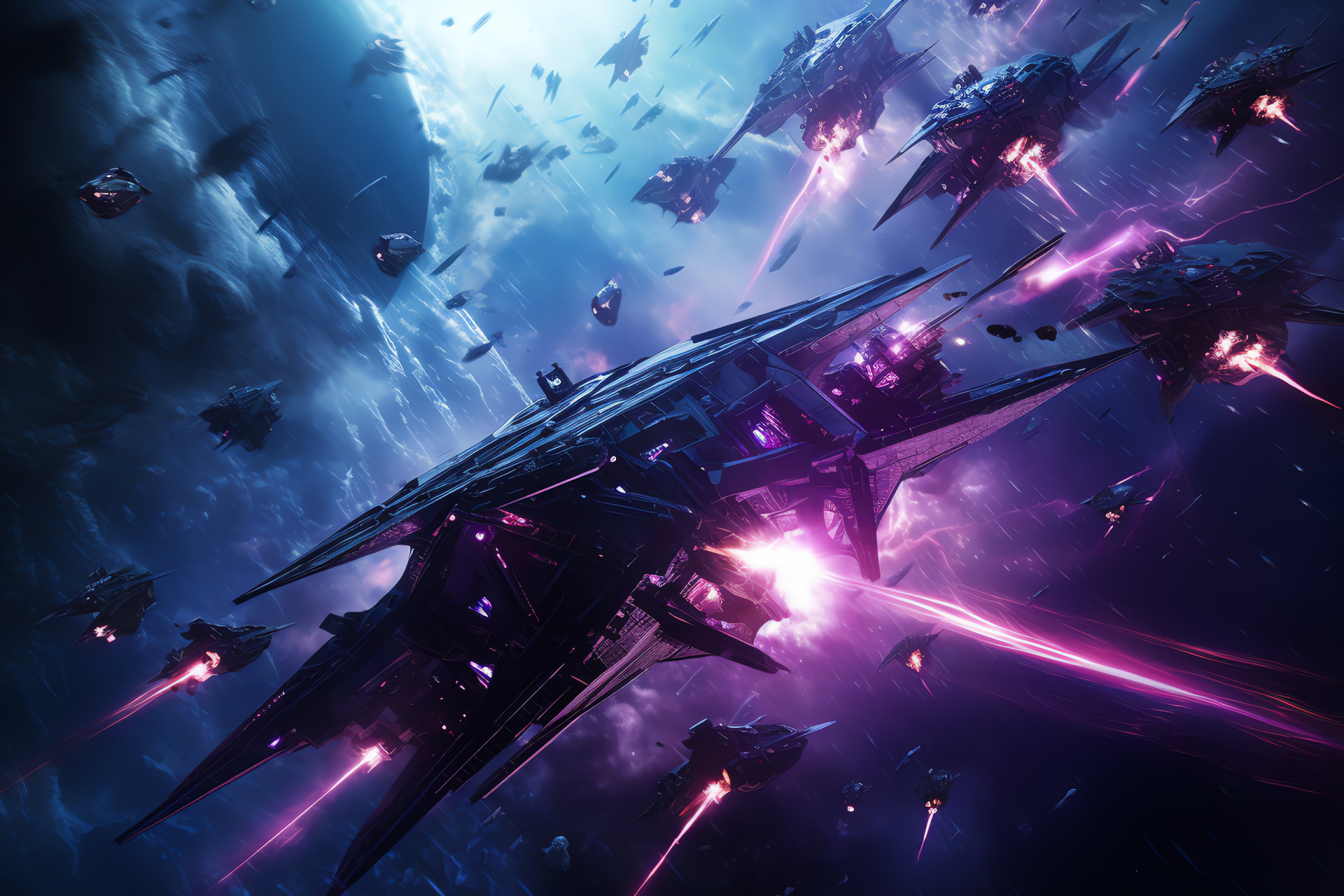 Stellar dogfight, Space pursuit, Purple and blue cosmos, Fighter squadron, Electric hues, HD Desktop Image