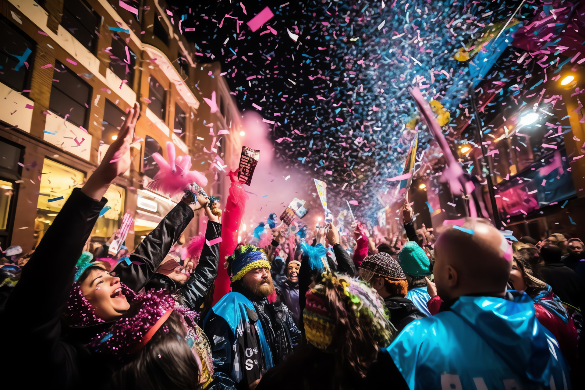 NYE parade, festive floats, jubilant dancers, musical bands, celebratory streams, HD Desktop Image