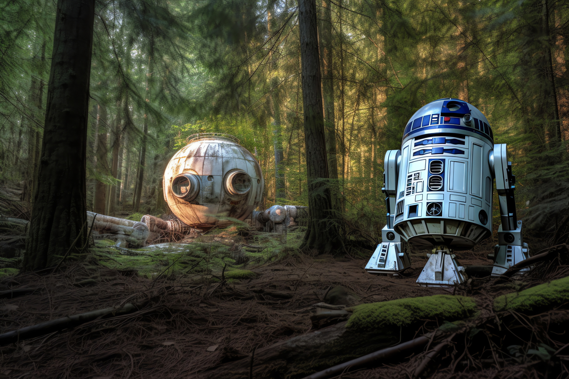 R2-D2 exploration, Intergalactic franchise, Expansive Ewok habitat, Endor moon, Celestial adventure, HD Desktop Wallpaper