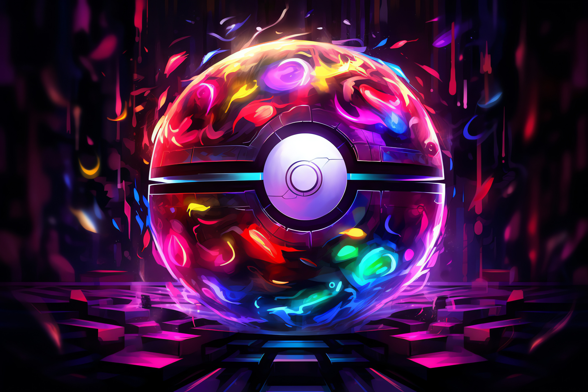 Pokemon gaming, Neon Pokeball art, Luminous cubes pattern, Void backdrop, Enigmatic theme, HD Desktop Wallpaper