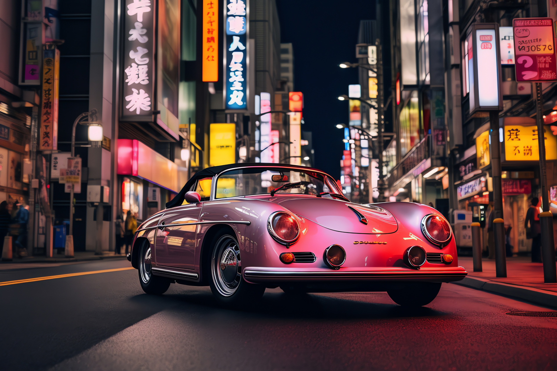 Tokyo urban landscape, Vintage Speedster elegance, Porsche nostalgia, Japanese neon lights, Iconic car culture, HD Desktop Image