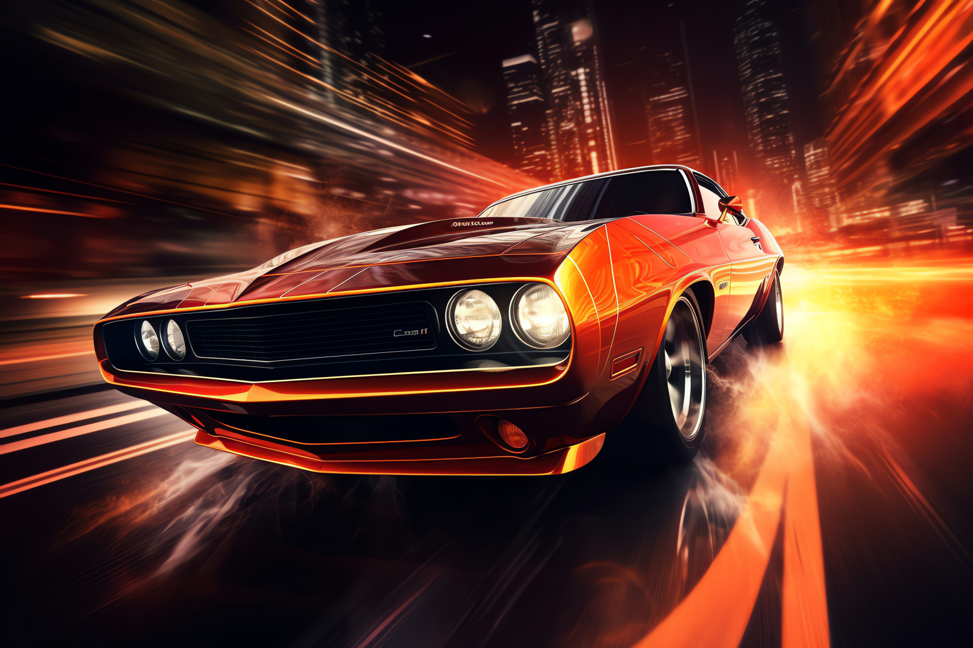 Retro muscle car appeal, Crimson paintwork, Automotive close-ups, Night cityscape, Urban nostalgia, HD Desktop Wallpaper