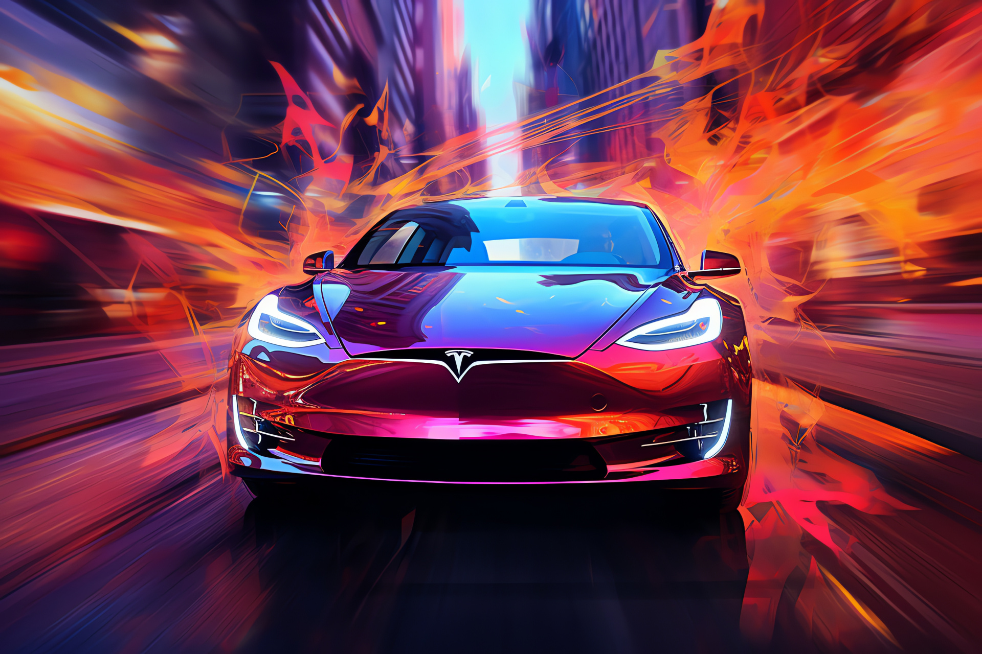 Tesla Model J concept, Green technology, Park setting, Advanced automotive, Red sports car, HD Desktop Wallpaper