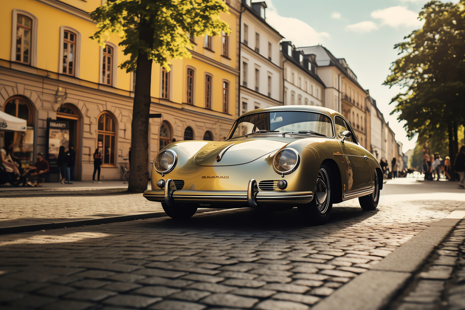 Porsche 356, Stuttgart heritage, Vintage coupe, German architecture, Stone pavement, HD Desktop Image