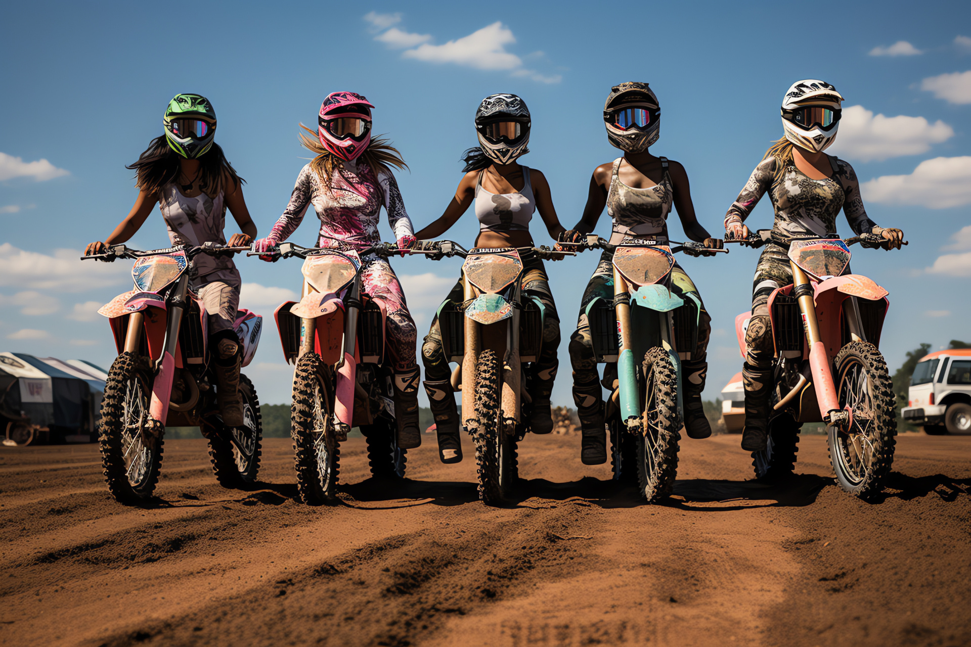 Supercross female team, Coordinated motorcycling, Rural track event, Racewear fashion, Athletic precision, HD Desktop Wallpaper