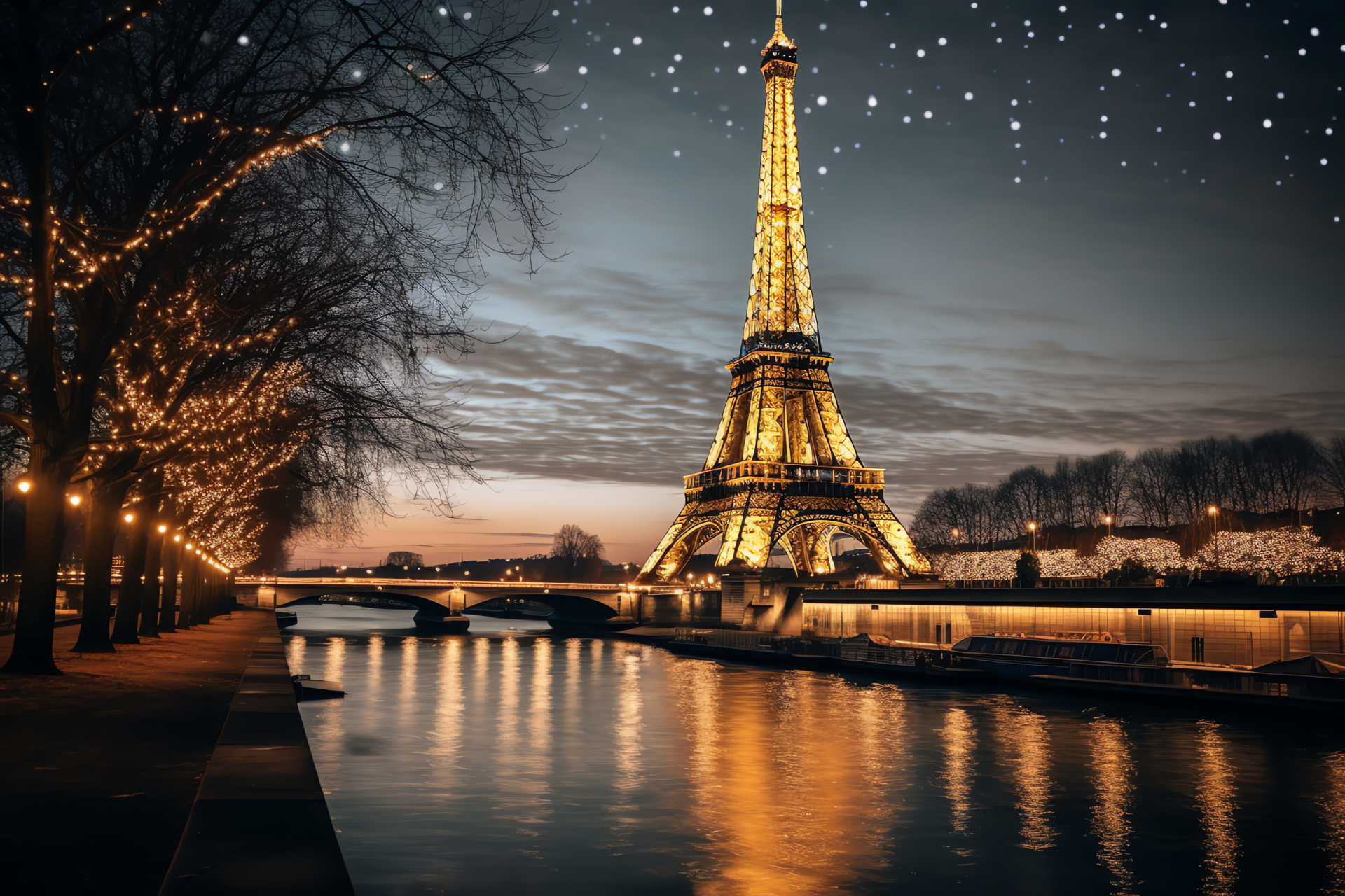 Parisian New Year charm, Eiffel's light spectacle, River Seine reflections, Amorous festive atmosphere, City of Lights joy, HD Desktop Wallpaper