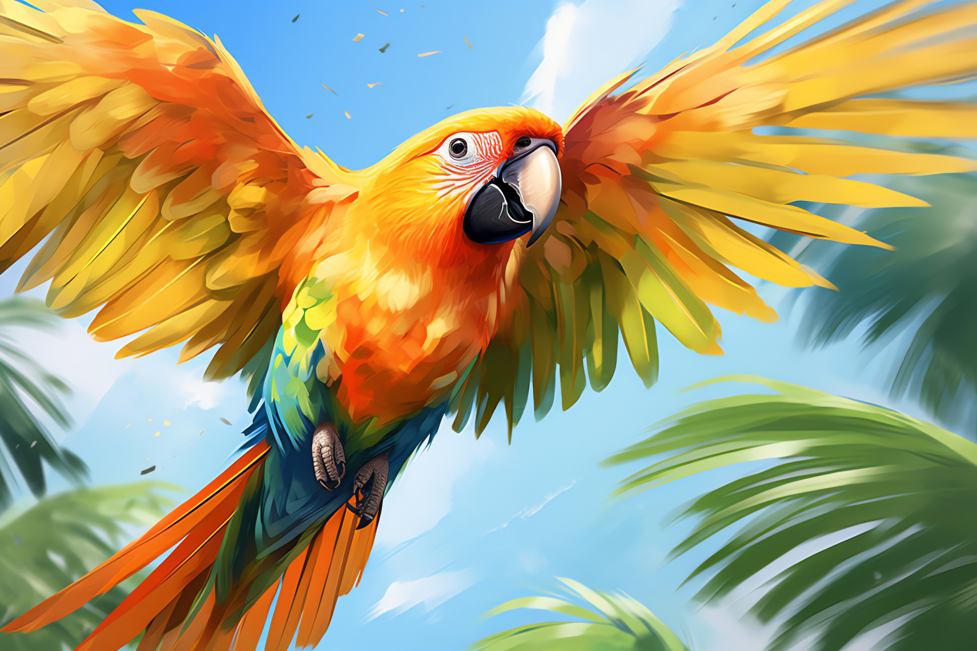 Sun Conure parrot species, Citrus-hued plumage, Dark-eyed tropical bird, Rainforest demeanor, Avian beauty, HD Desktop Wallpaper