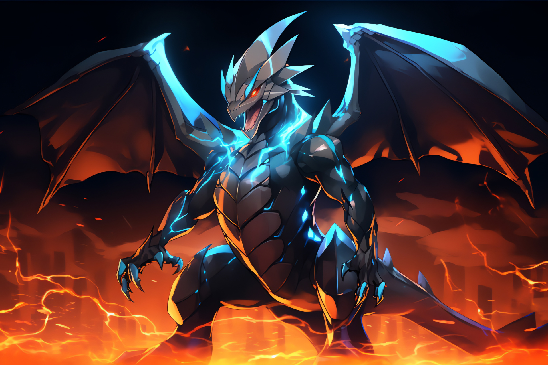 Charizard stature, Strong physique, Crimson streaks, Combustive aura, Pokmon prowess, HD Desktop Image