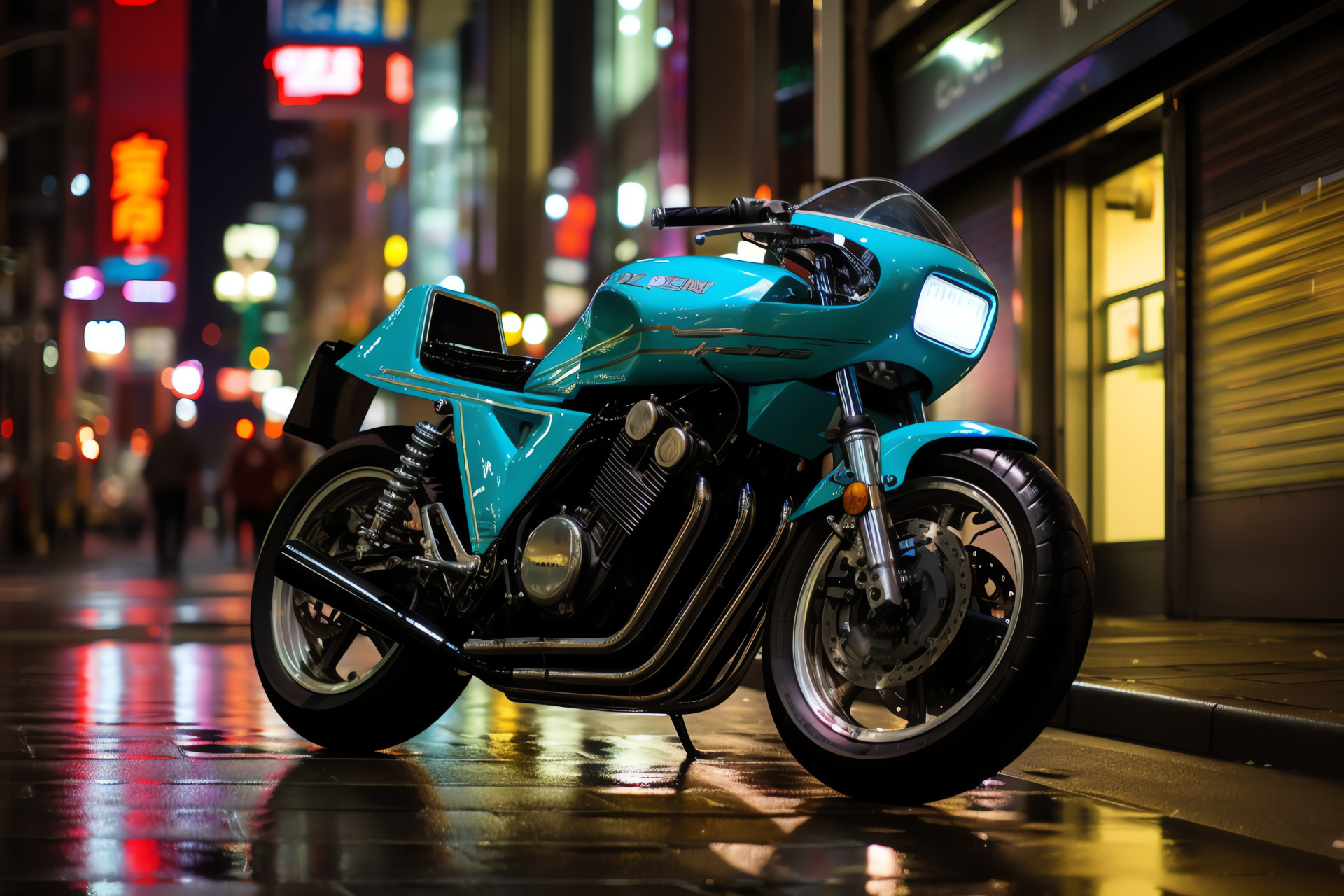 Yamaha RD350 in Tokyo, Custom Japanese motorbike, Neon street racing bike, Low stance RD350, Aggressive tuner culture, HD Desktop Image