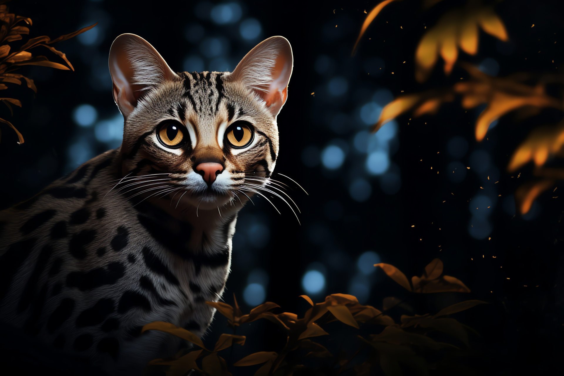 Nocturnal Ocelot, Amber-eyed feline, Silvery-gray camouflage, Moonlit night, Enigmatic terrain, HD Desktop Image