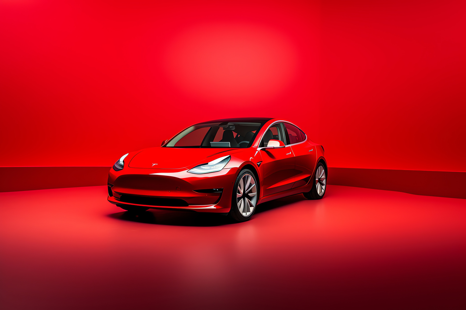 Tesla Model 3 Performance, Wide stance, Bold red showcase, Performance electric car, Clean energy vehicle, HD Desktop Image