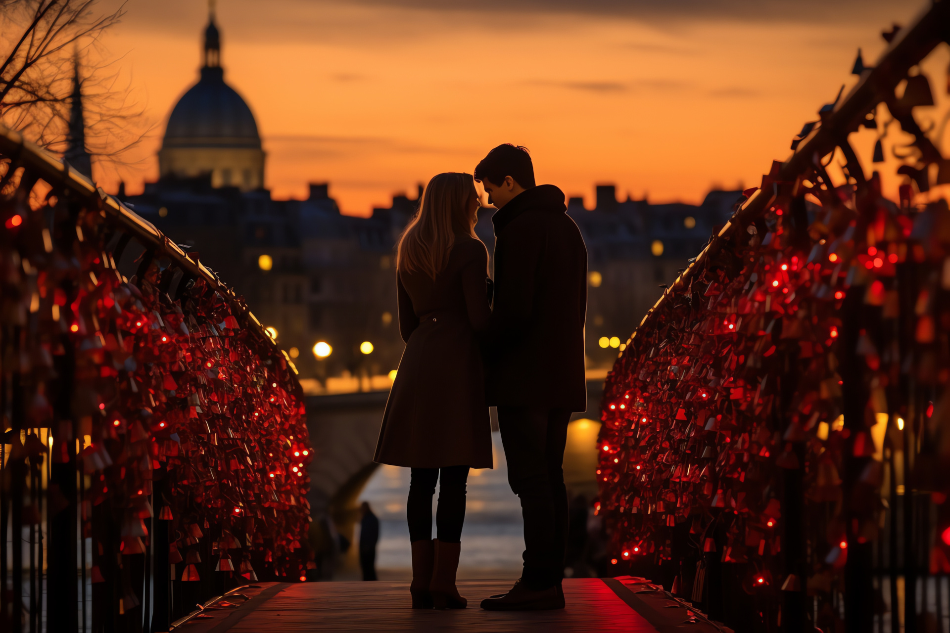 Parisian lovers' ritual, Iron-laced bridge, Symbolic love padlocks, French holiday tradition, Urban setting, HD Desktop Image