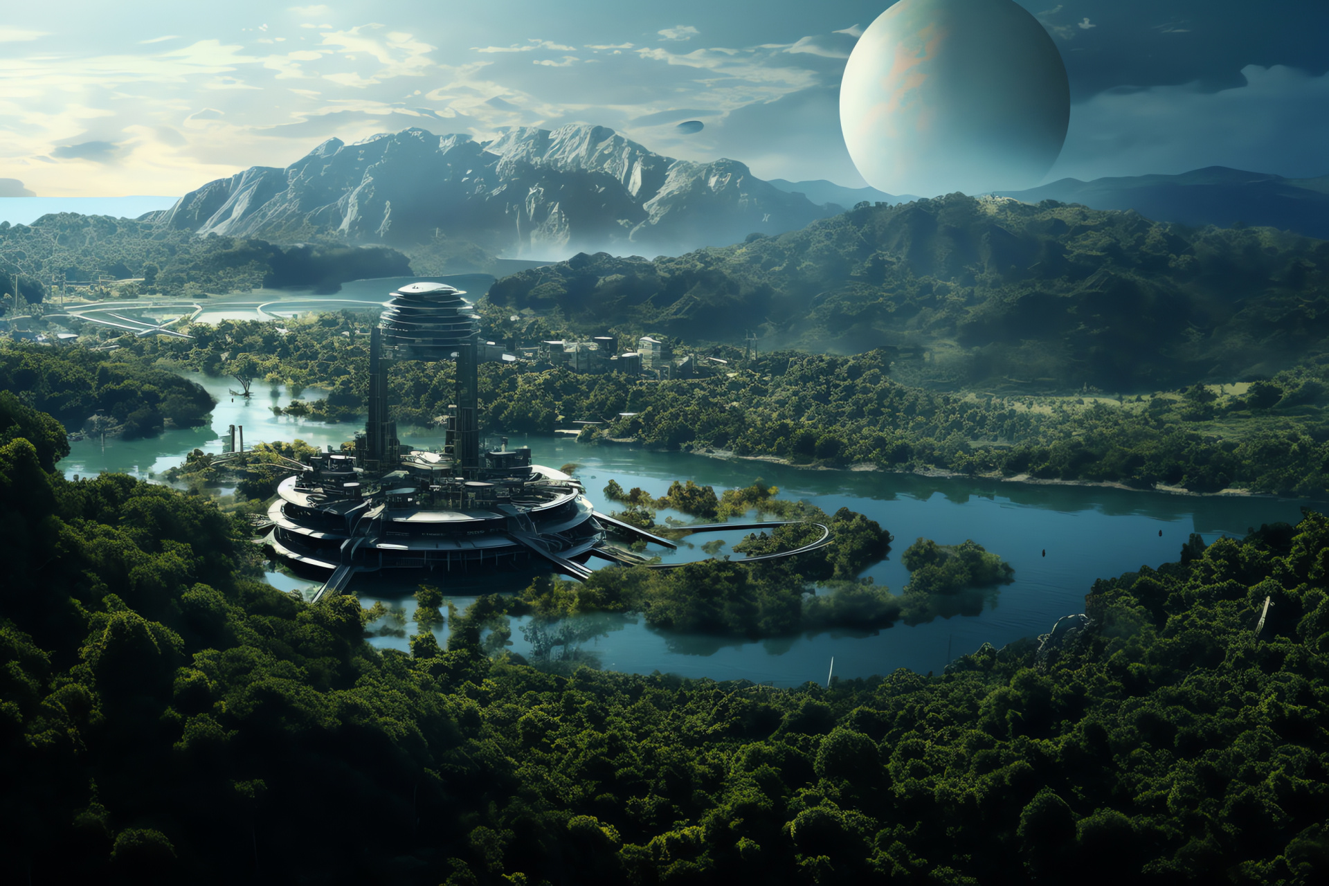 Exoplanet habitation, Terraformed expanse, Verdant space settlement, Celestial homestead, Extragalactic ecology, HD Desktop Image