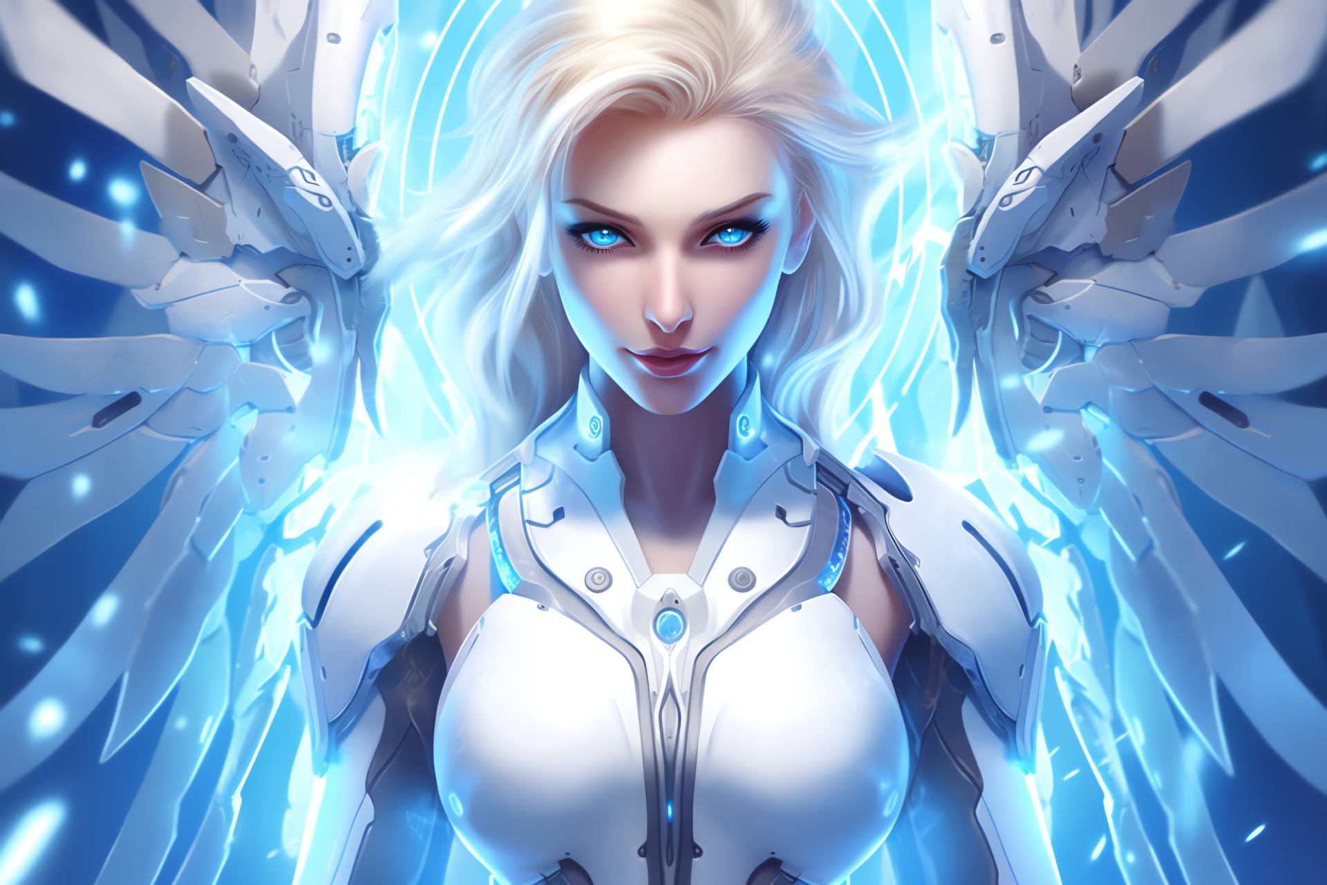 Mercy the healer, Overwatch angel, Valiant healer outfit, High-resolution close-up, Mercy's Caduceus staff, HD Desktop Image