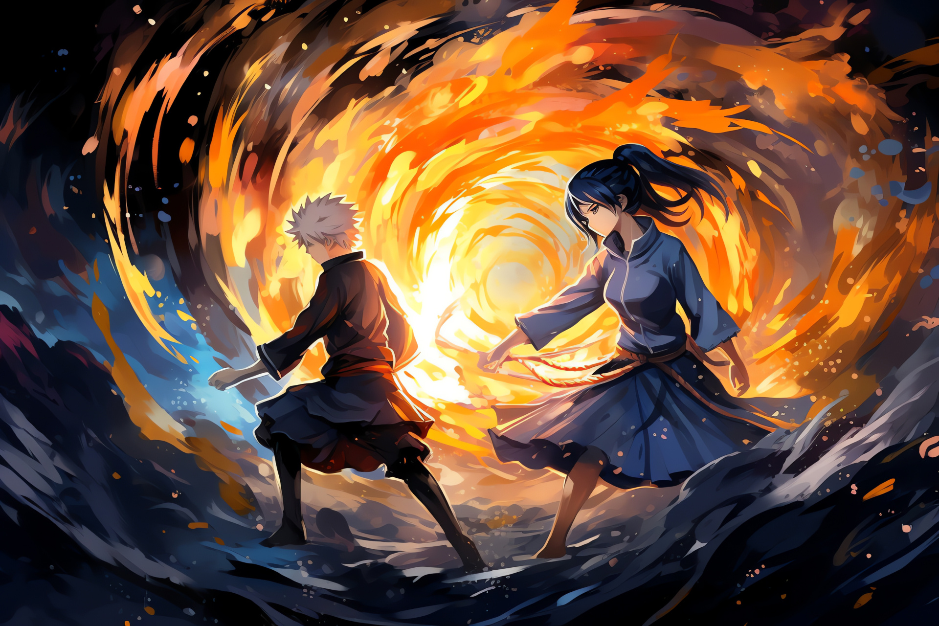 Dynamic fight sequence, Naruto's fury, Hinata in battle stance, Fiery ninjutsu, Charged anime action, HD Desktop Wallpaper