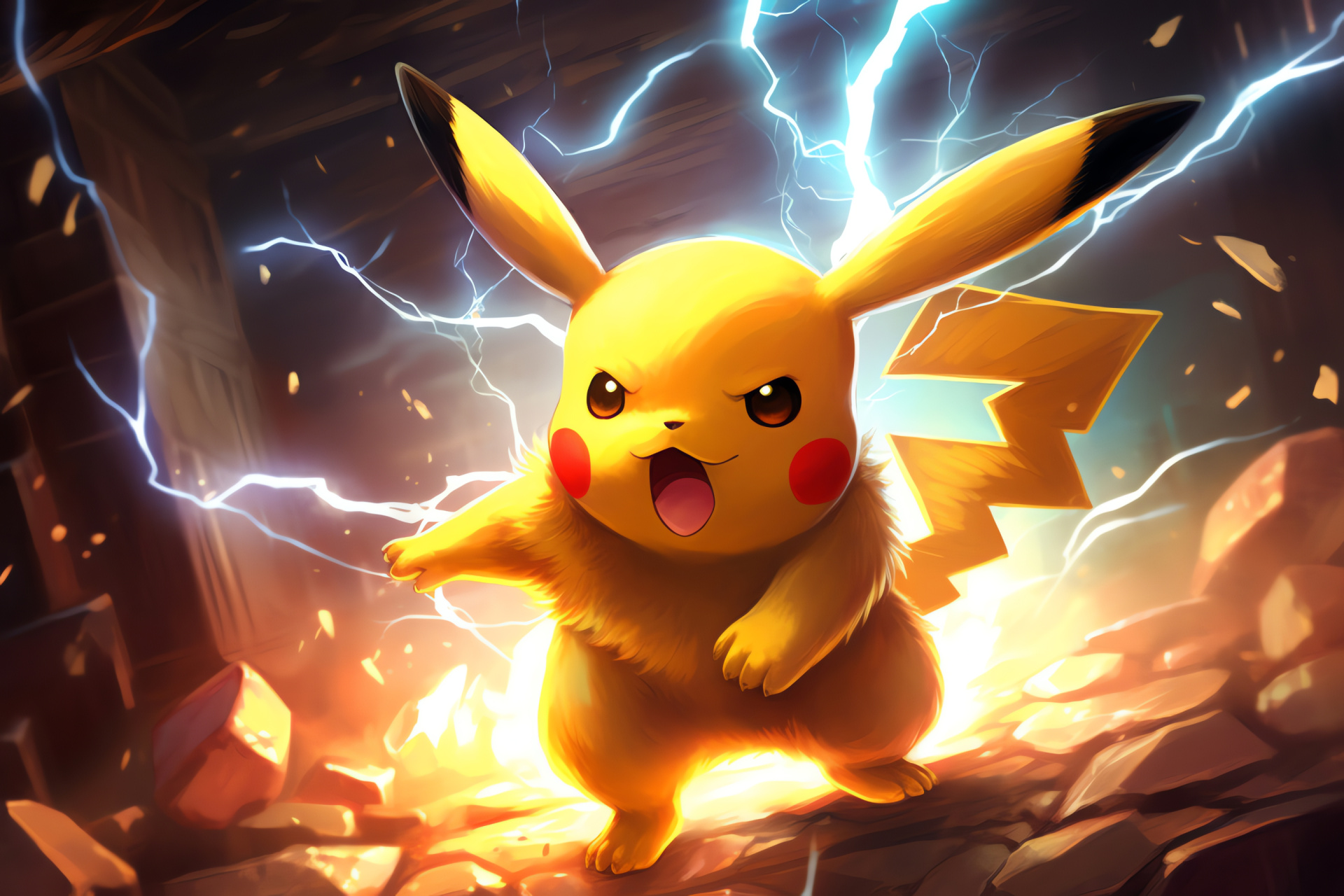 High energy Pikachu scene, Agile Pokemon action, Electric discharge effect, Mid-flight tension, Opponent gaming entity, HD Desktop Wallpaper