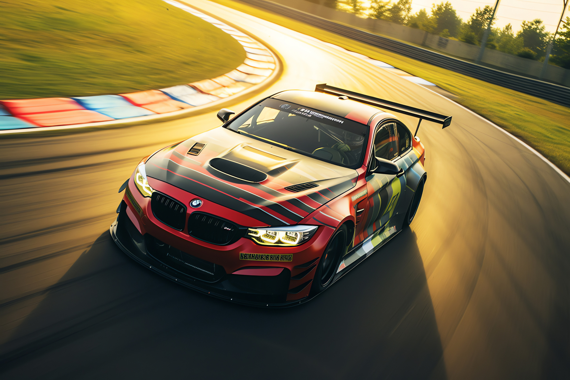 Race BMW M3, Rocket Bunny equipped, Motorsport environment, Circuit top view, High-speed chase, HD Desktop Image