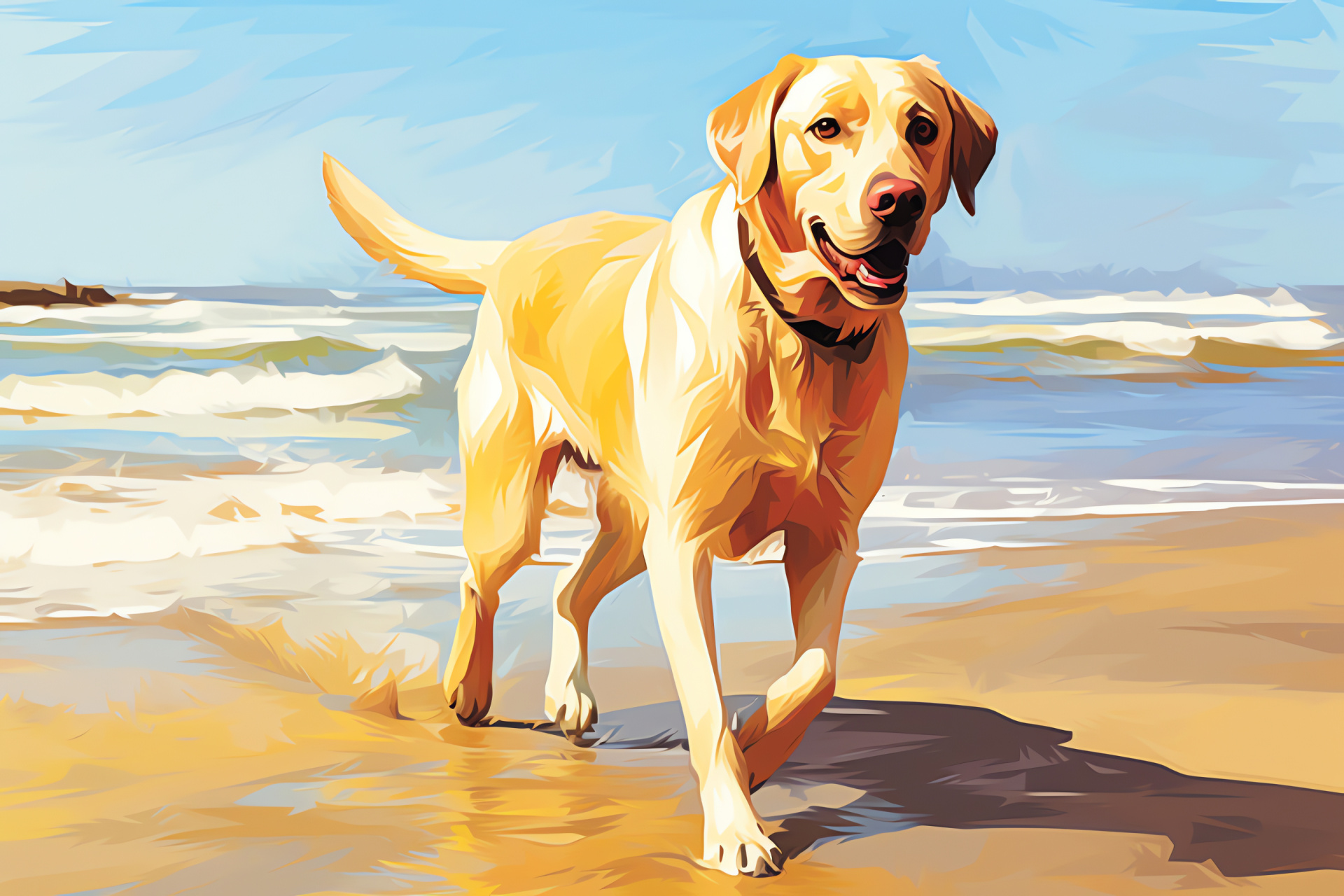 Friendly Yellow Lab, canine by the sea, Labrador with shiny coat, peaceful beach companion, HD Desktop Image