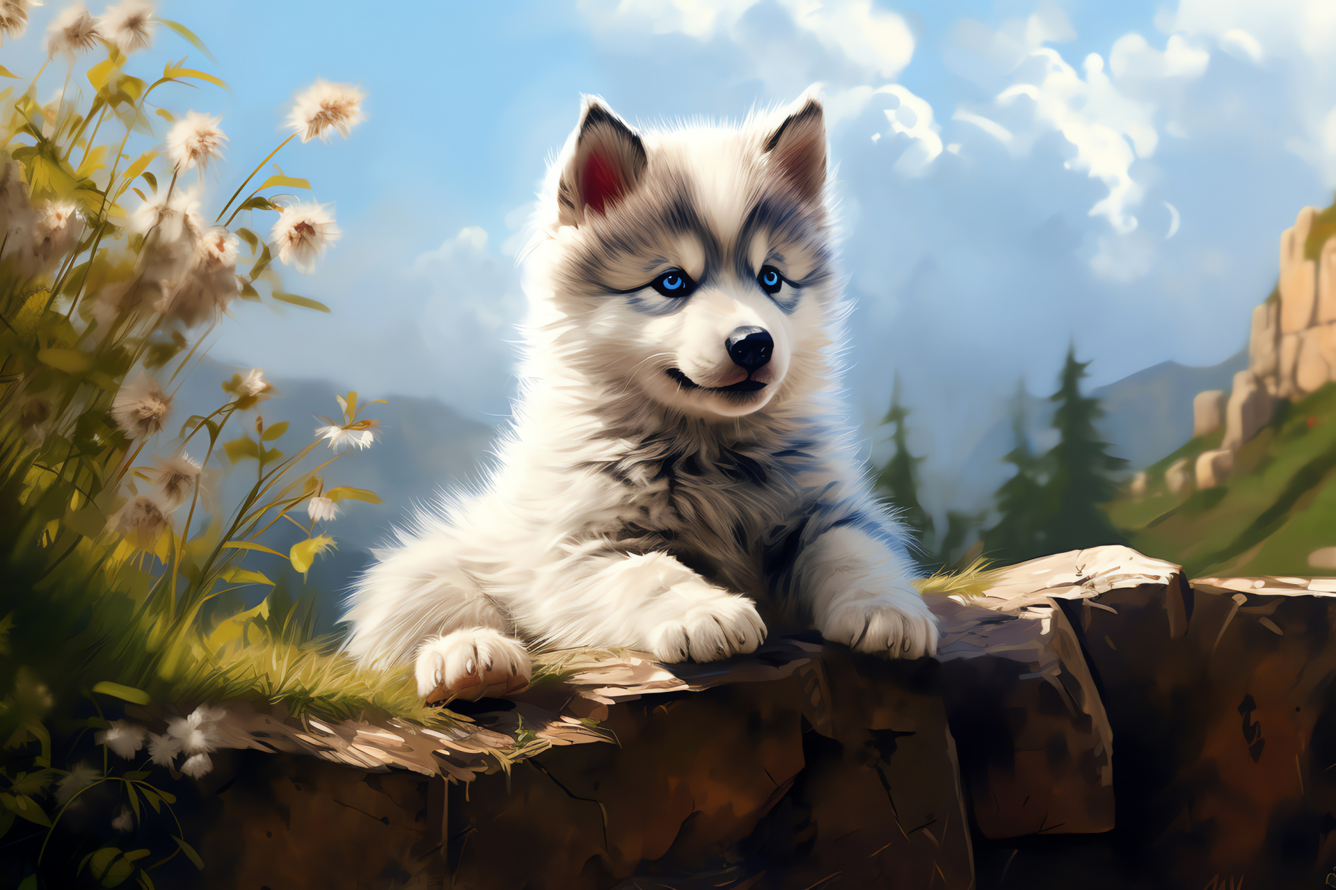 Husky puppy, Siberian charm, fluffy canine, serene nature, panoramic pet, HD Desktop Image