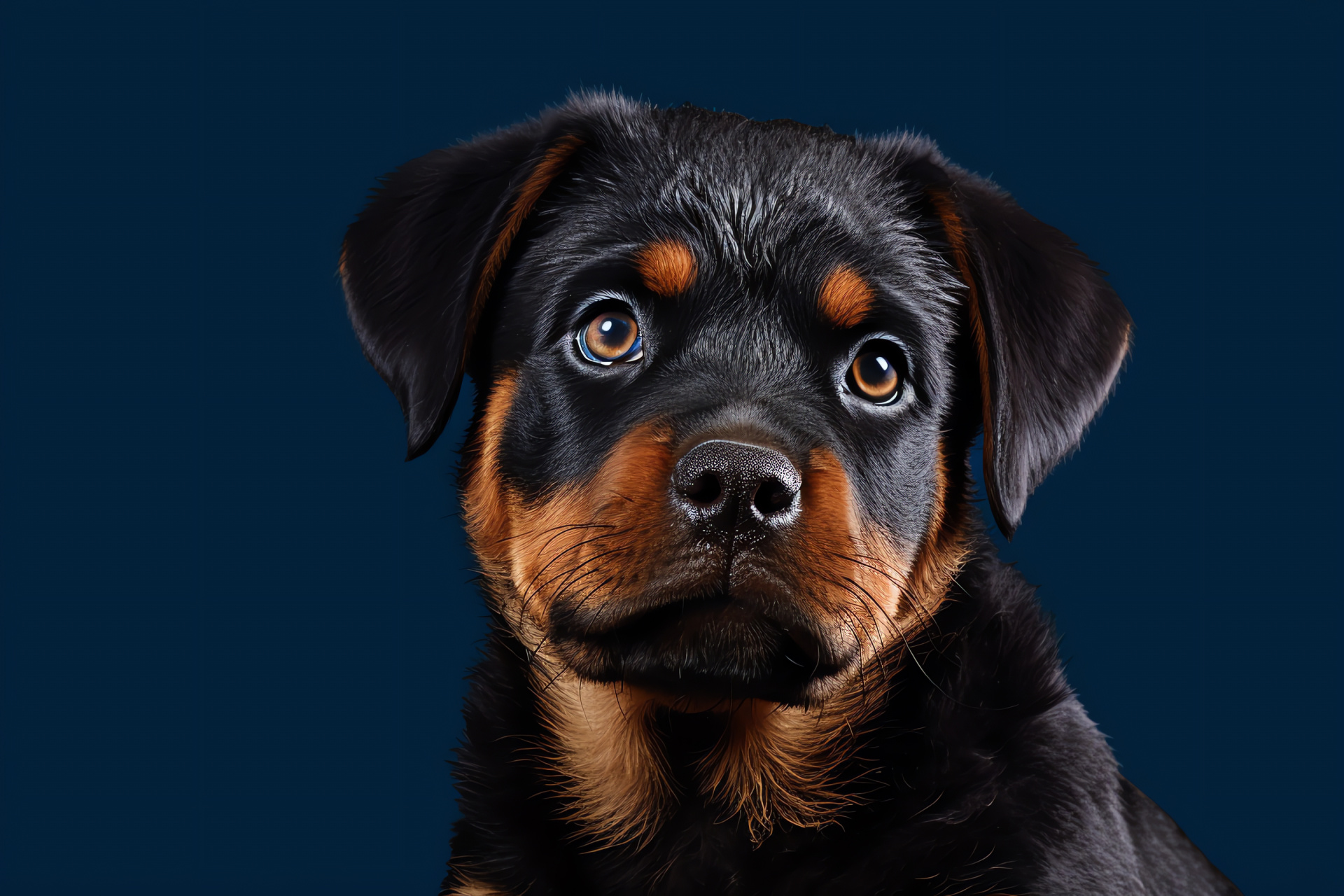 Rottweiler puppy, azure gaze, jet-black pelt, endearing portrait, triple-tone canvas, HD Desktop Image