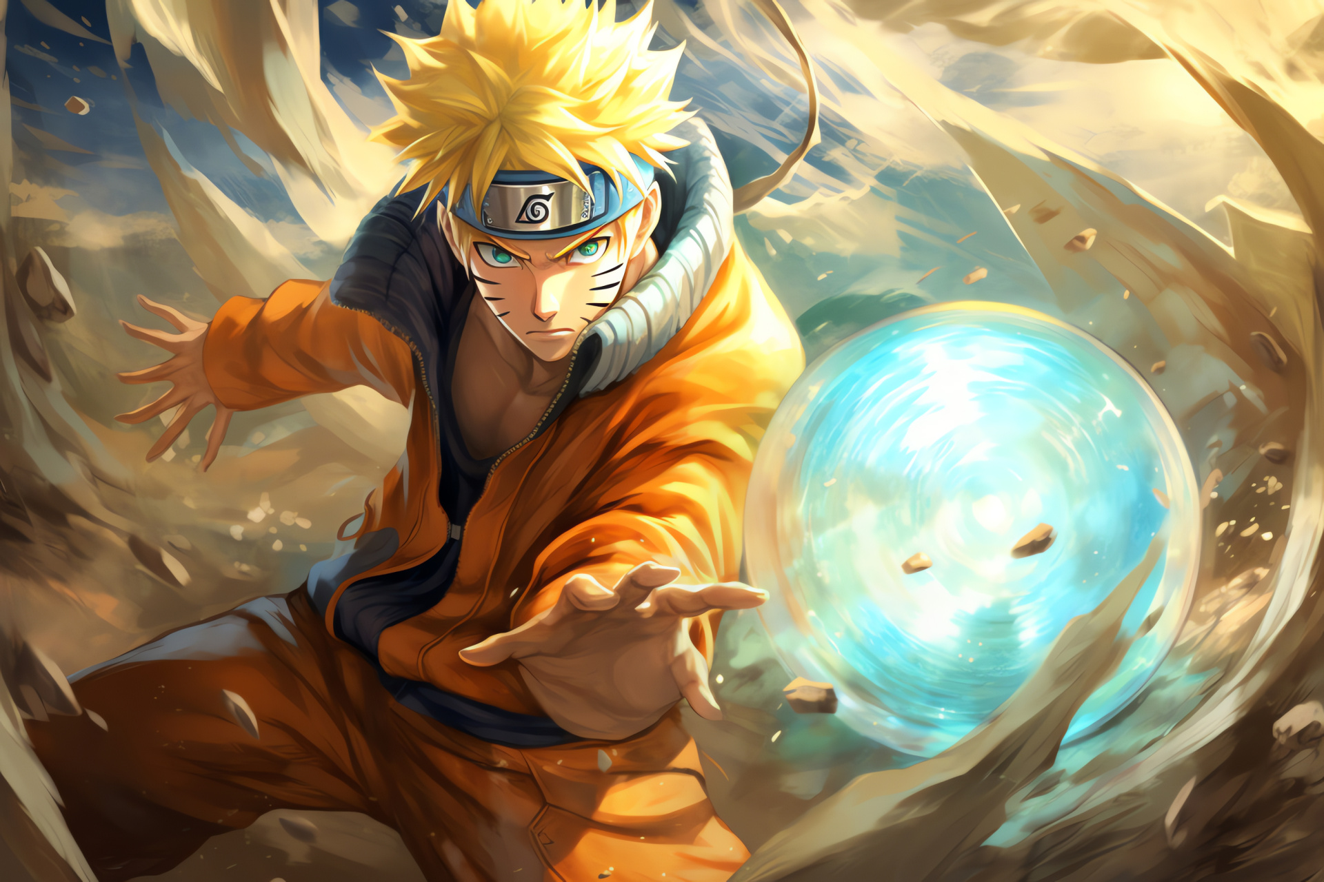 Naruto Uzumaki ninja, Desert realm, Windy dunes, Vibrant hero costume, Azure gaze, HD Desktop Image