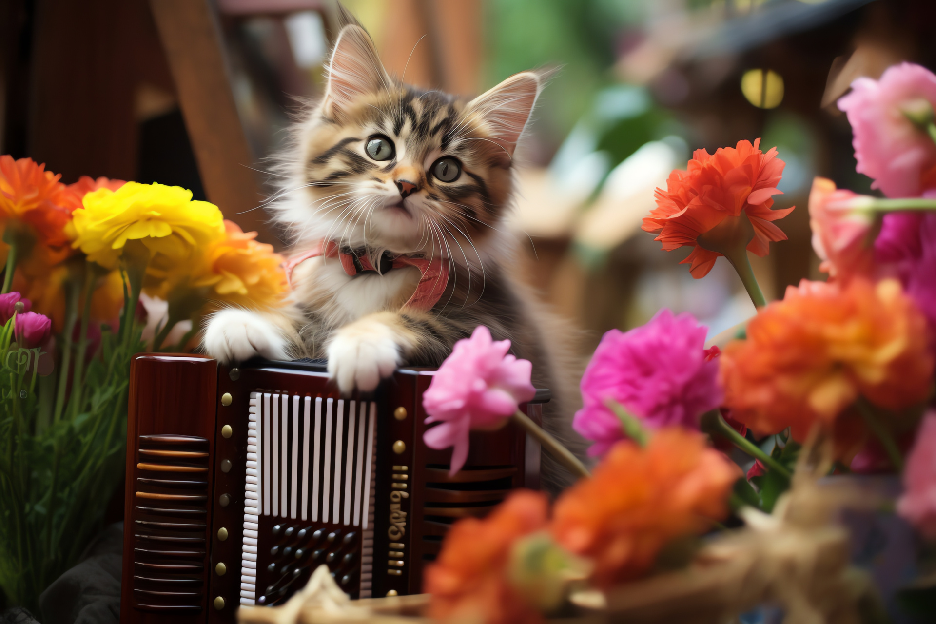 Holidays scene, Valentine Kitten, Jazz performer, Festive marketplace ambiance, Floral arrangements, HD Desktop Wallpaper