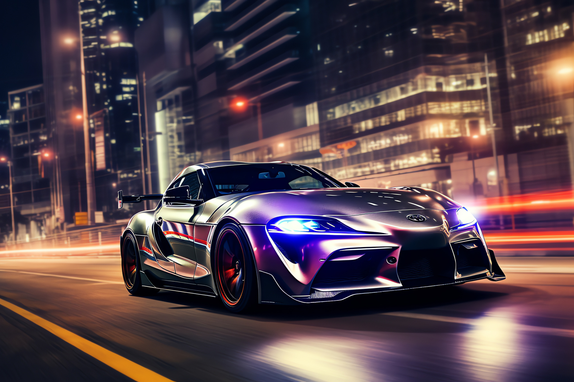 Toyota Supra night drive, City illumination, Sports car in urban setting, Neon glow trail, Evening vehicle appeal, HD Desktop Wallpaper