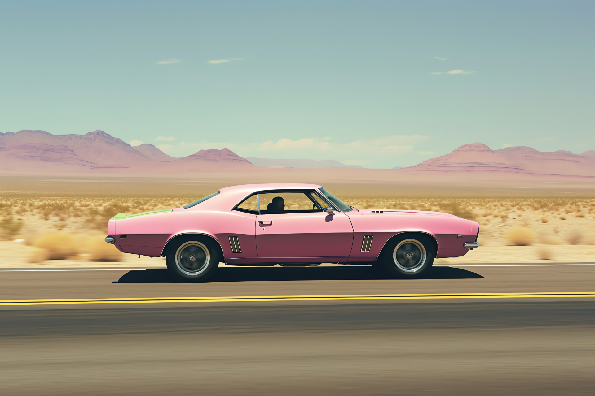 Pink muscle model, Desert roads, Arid landscapes, Green backdrop contrast, Route adventure, HD Desktop Image