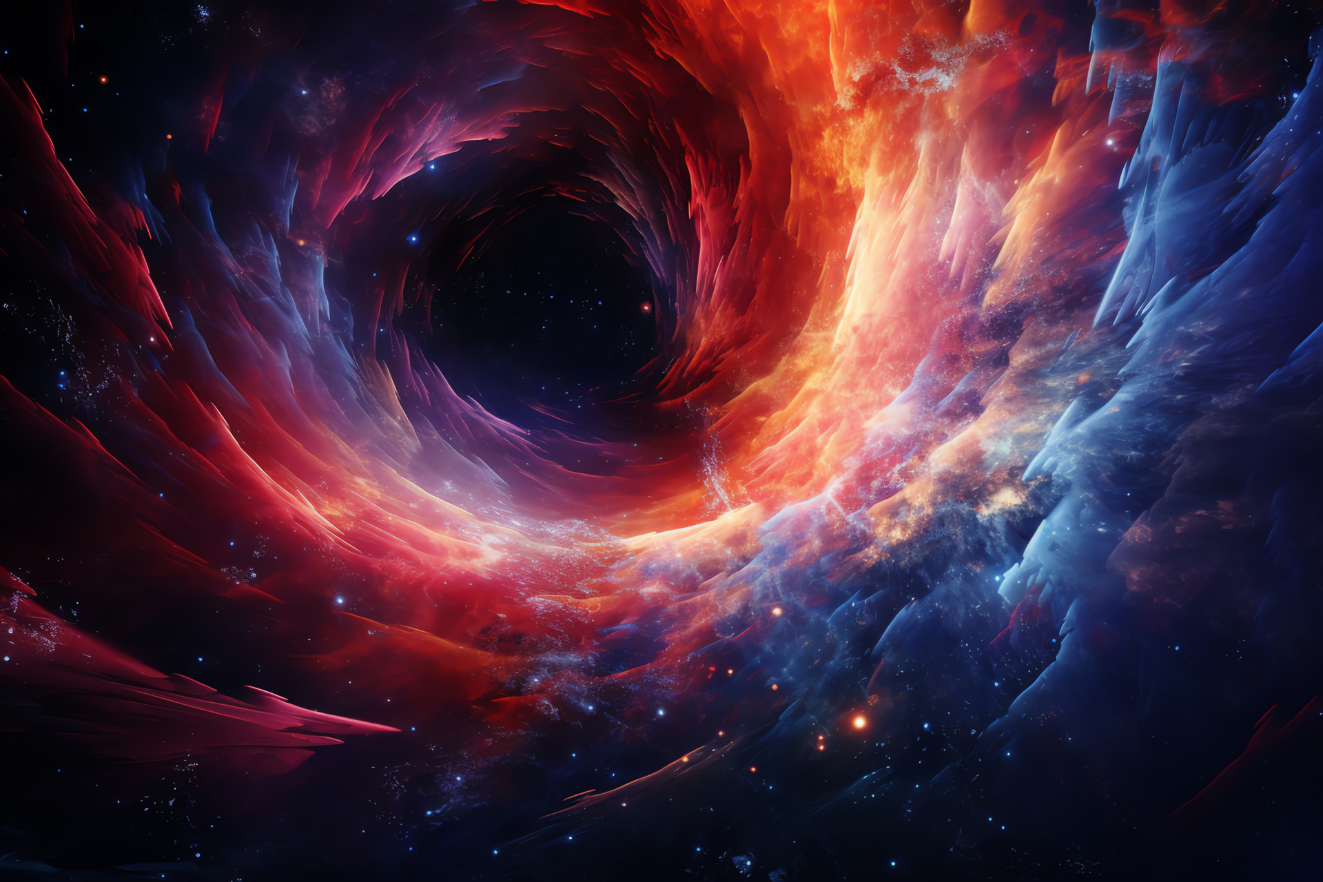 Cosmic anomaly exhibition, Vortex through space, Nebular confluence point, Stellar phenomenon, Intergalactic color display, HD Desktop Wallpaper