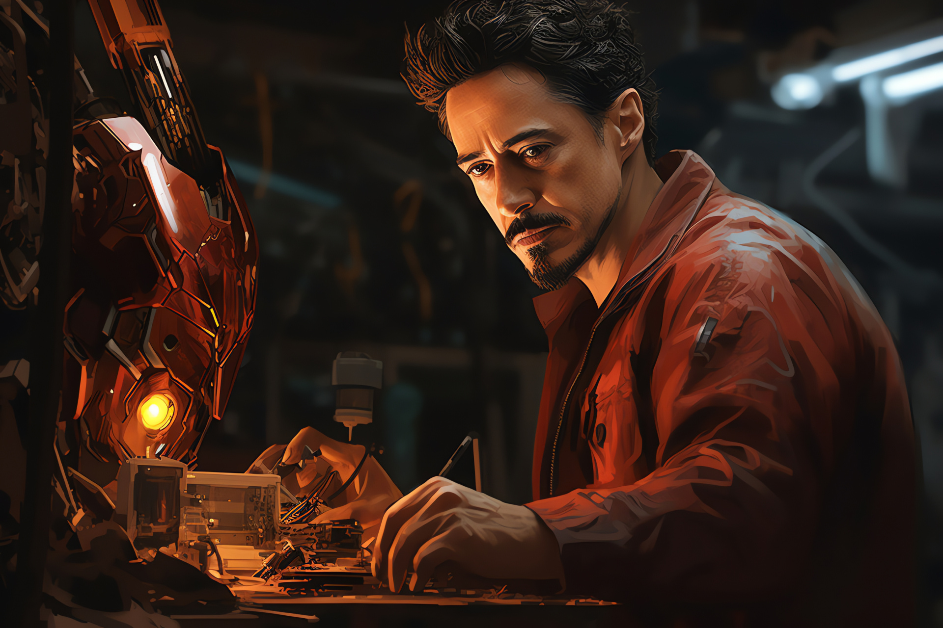 Robert Downey Jr portrait, Tony Stark inventor, mechanical workshop, robotic technology, movie set, HD Desktop Wallpaper