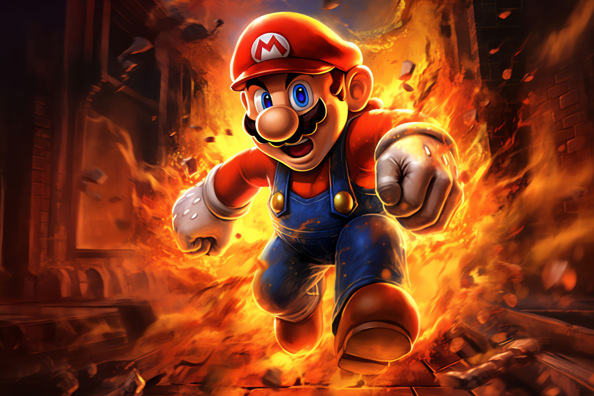 Mario vs Bowser, Fiery obstacle, Volcanic duel, Epic confrontation, Castle defense, HD Desktop Image