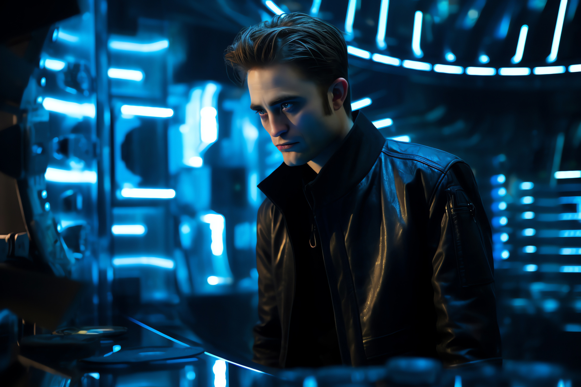 Actor Robert Pattinson, Stylish attire, Sci-fi environment, Advanced technology, Film scene, HD Desktop Wallpaper