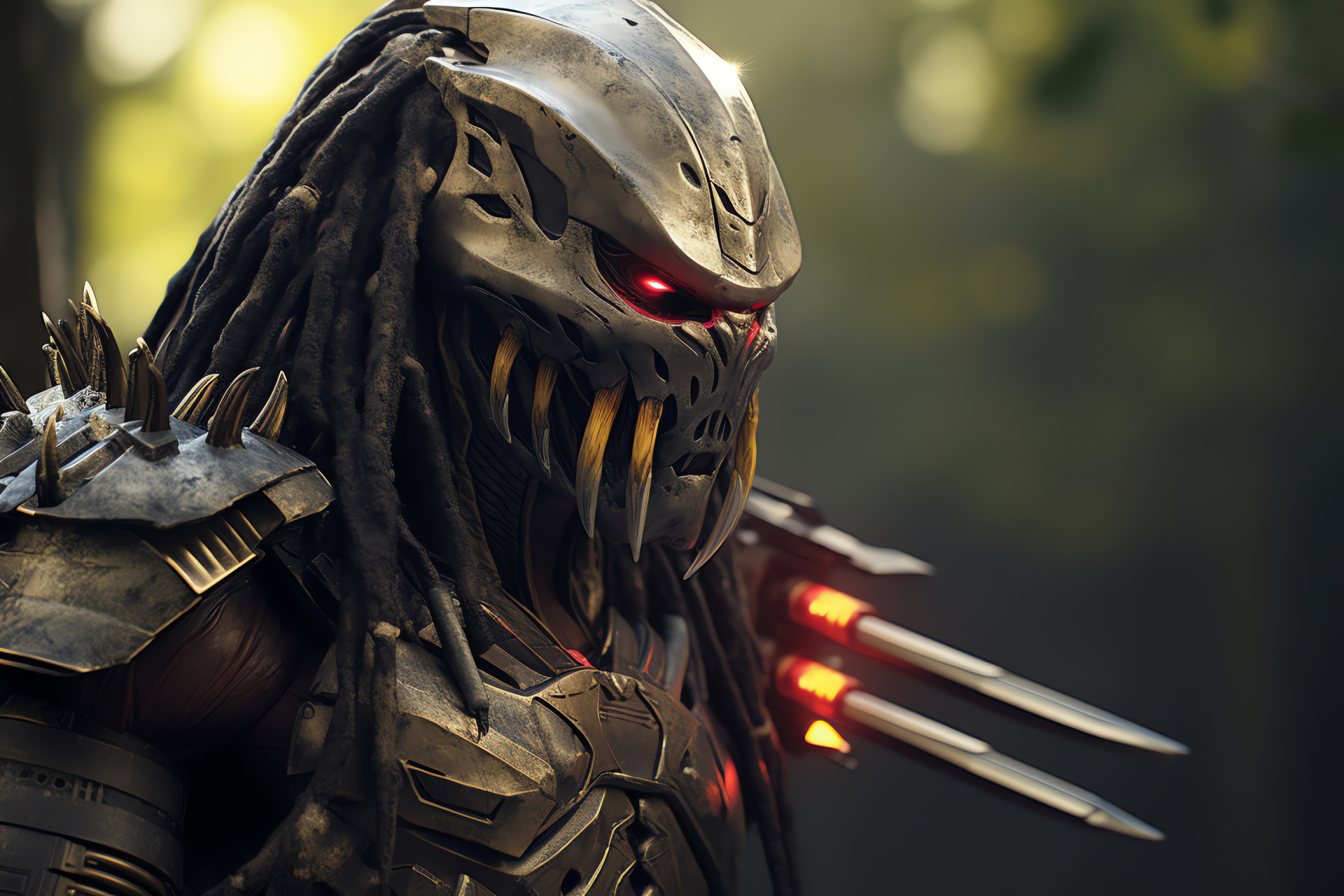 Formidable Predator, Yautja species, Ominous visage, Advanced weaponry, Alien hunter, HD Desktop Wallpaper